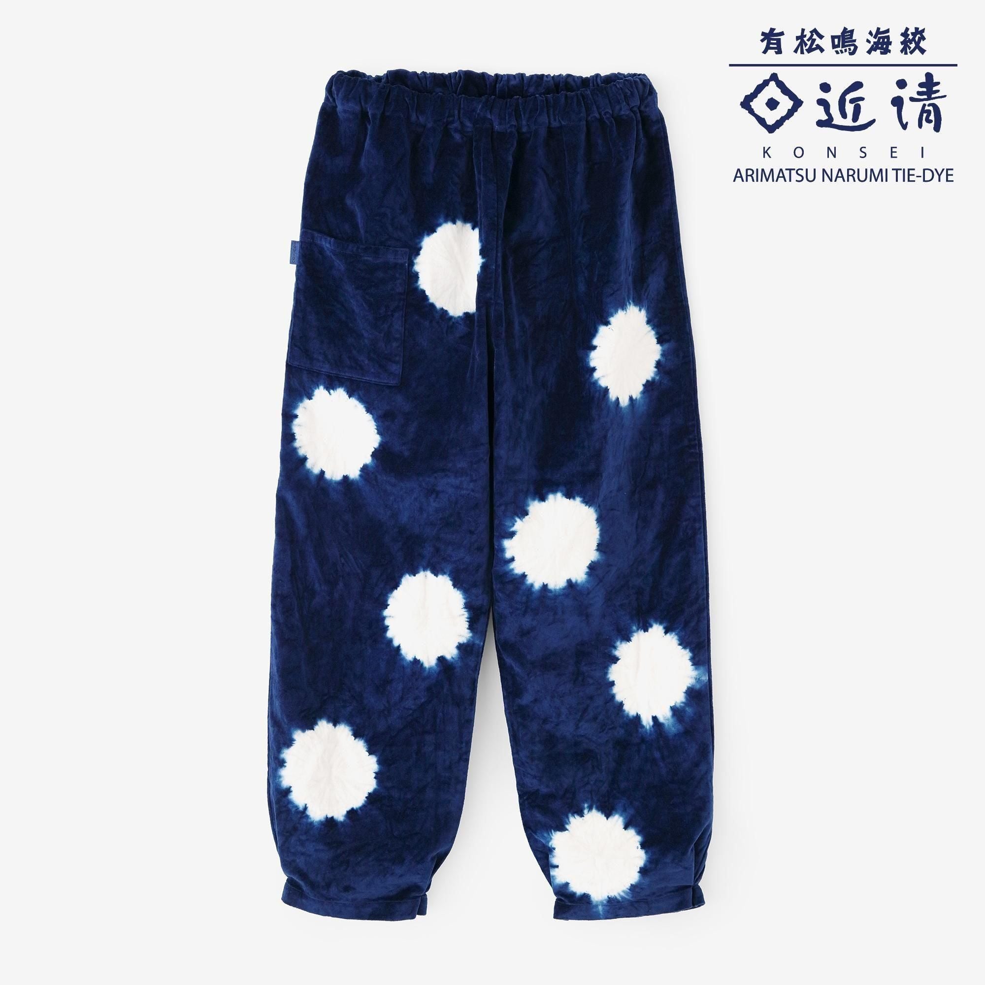 Konsei Tie-dye Blue Green Cotton-linen Blend Monpe Workers Pants / Large Polka Dots Prussian Blue x Raw White