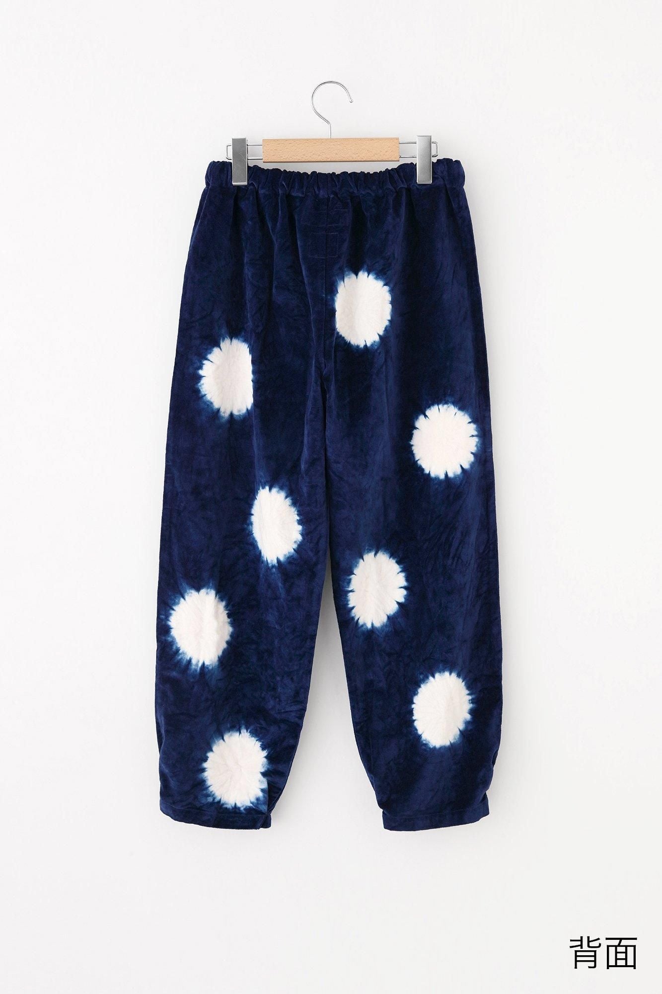 Konsei Tie-dye Blue Green Cotton-linen Blend Monpe Workers Pants / Large Polka Dots Prussian Blue x Raw White
