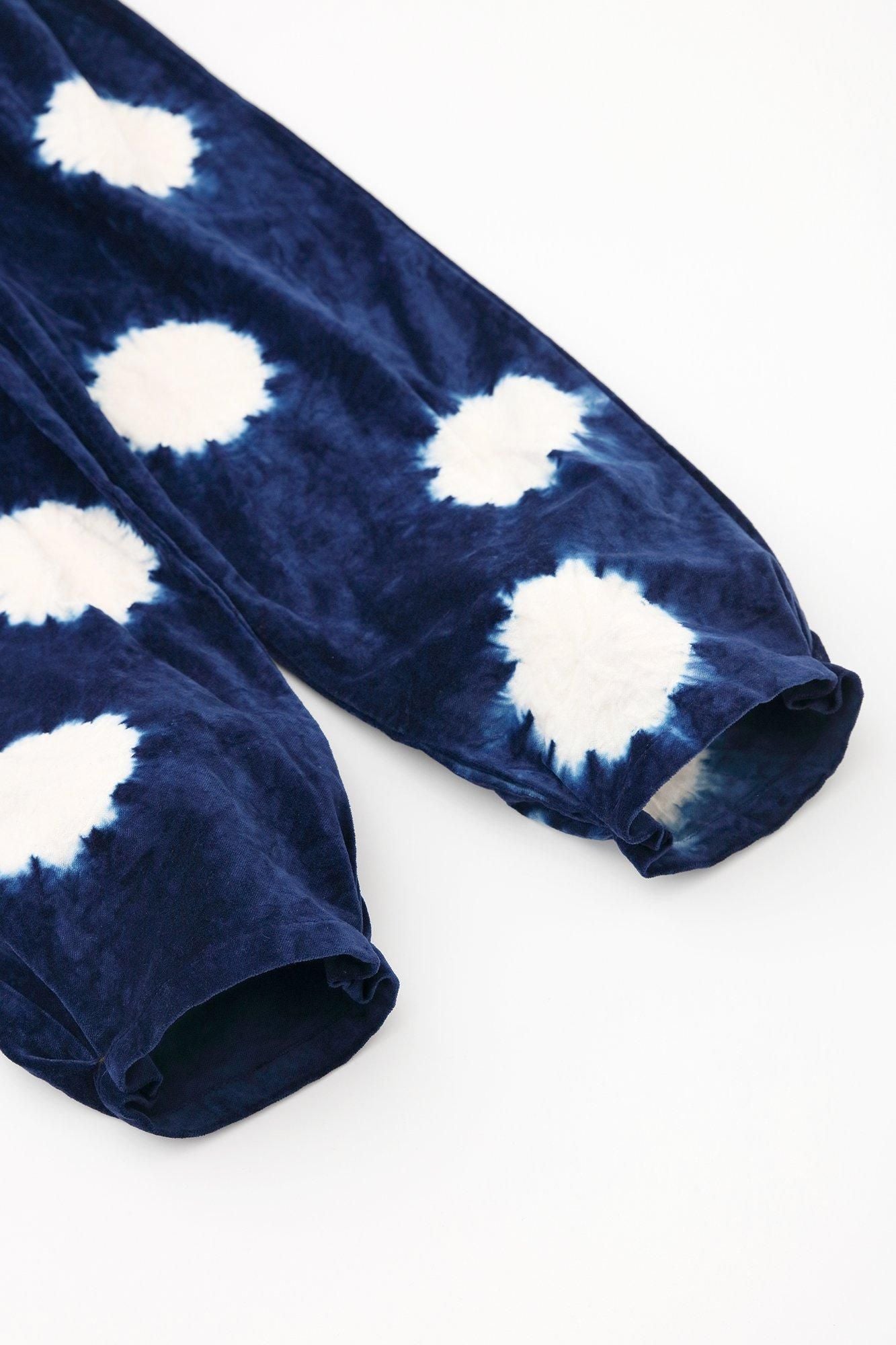 Konsei Tie-dye Blue Green Cotton-linen Blend Monpe Workers Pants / Large Polka Dots Prussian Blue x Raw White