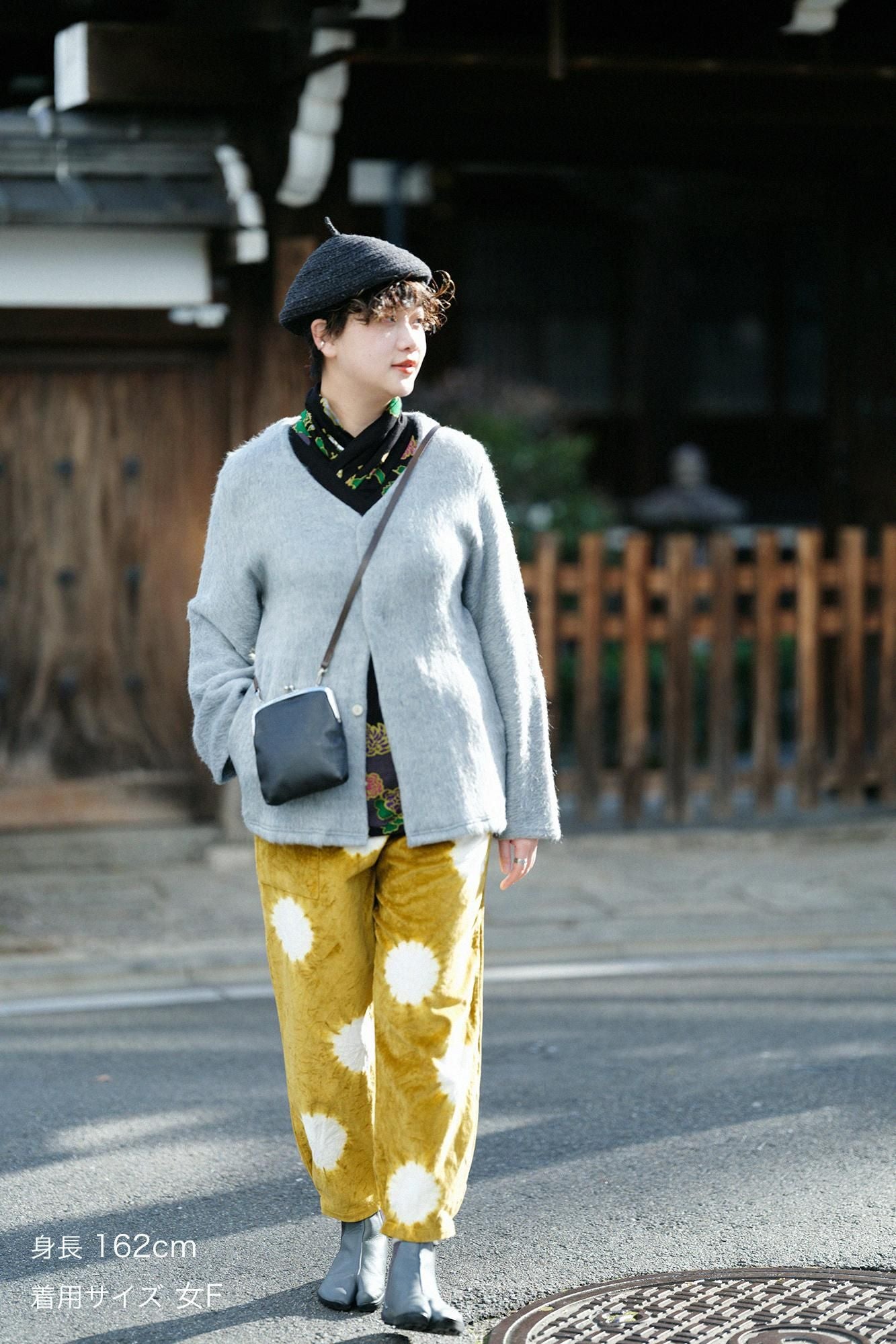 近清紮染棉麻紡藍綠色工人褲/大圓點芥末黃x本白