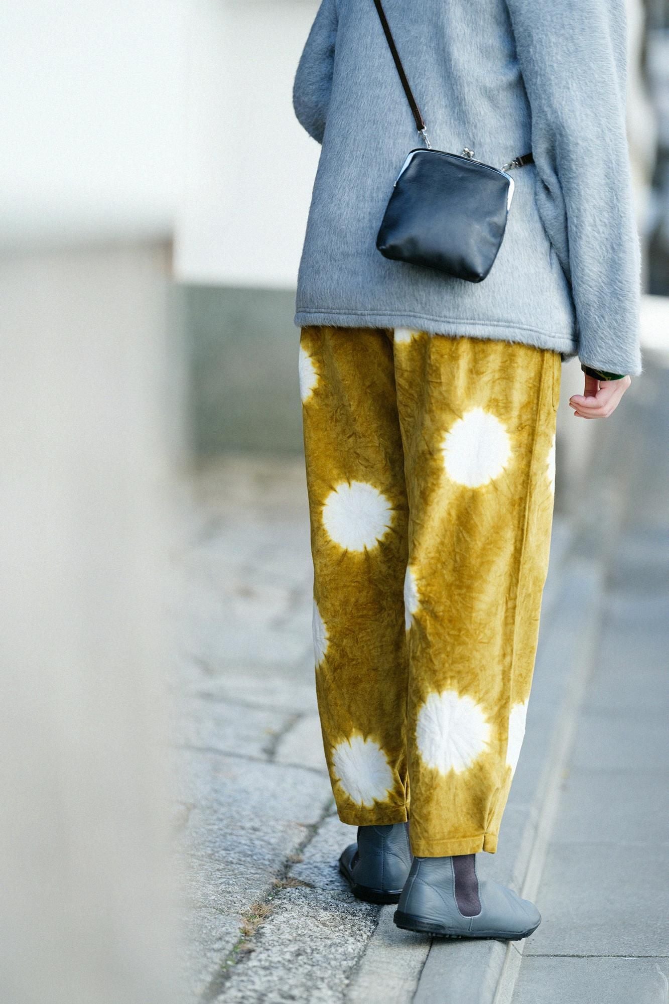 近清紮染棉麻紡藍綠色工人褲/大圓點芥末黃x本白