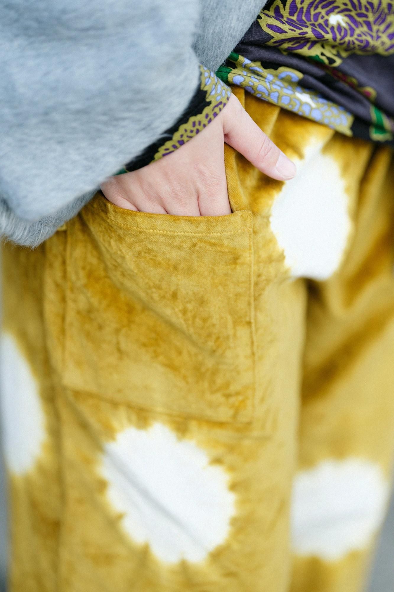 近清紮染棉麻紡藍綠色工人褲/大圓點芥末黃x本白