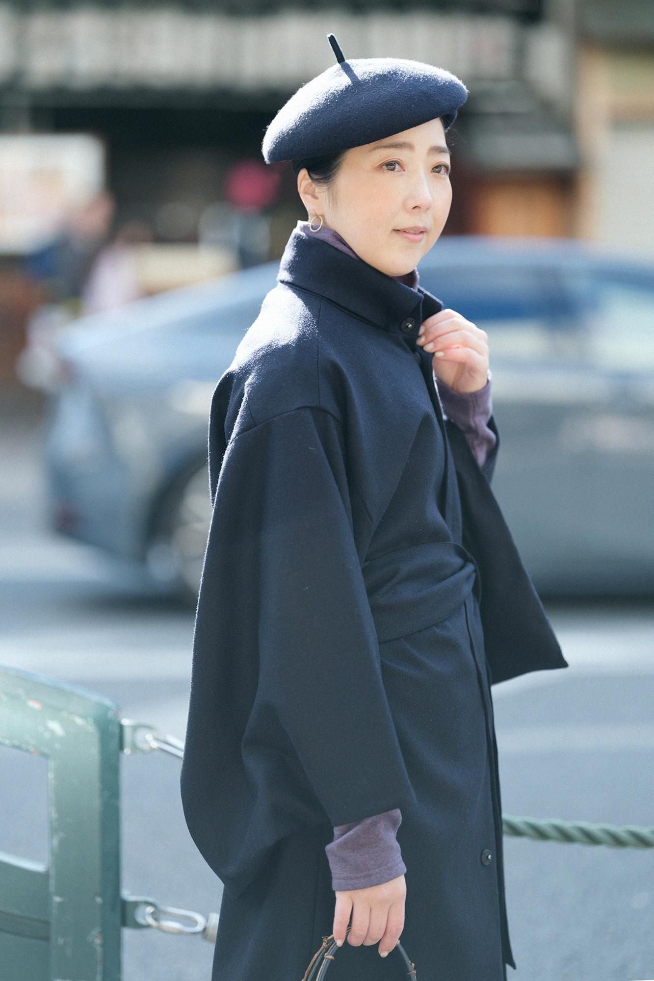 Combed Yarn Twill Weave Kimono Sleeve Coat with Lining / Dark Navy