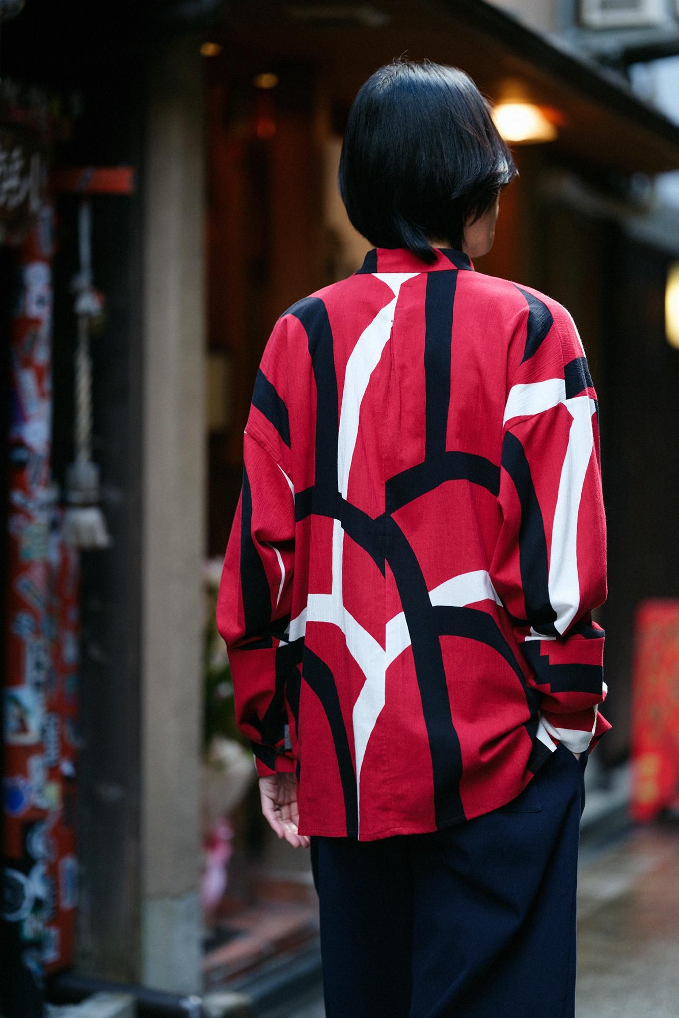 Chizimi Cotton 20/20 Band Collar Tight-sleeved Kimono Shirt / Waterfall