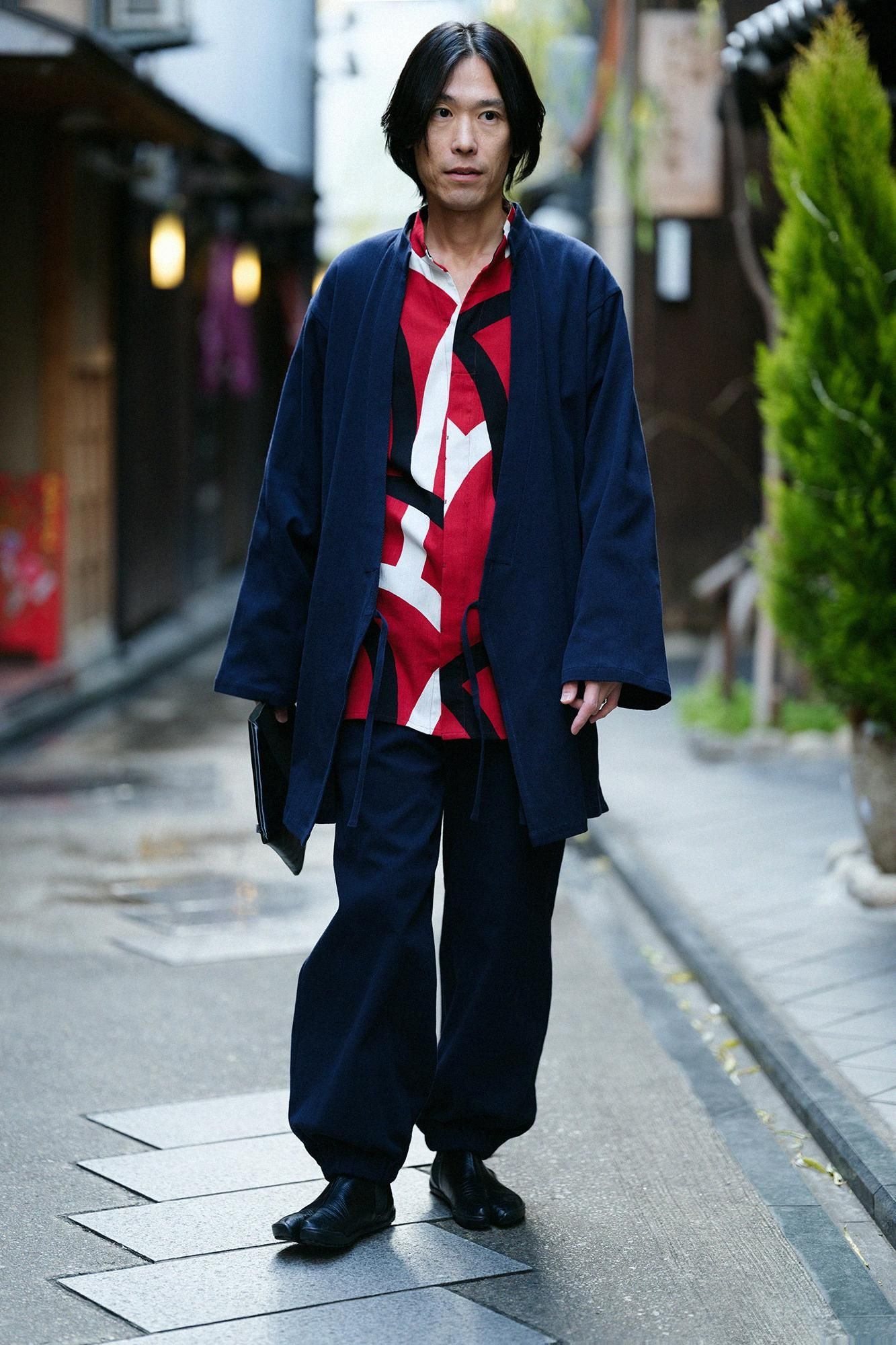 Chizimi Cotton 20/20 Band Collar Tight-sleeved Kimono Shirt / Waterfall