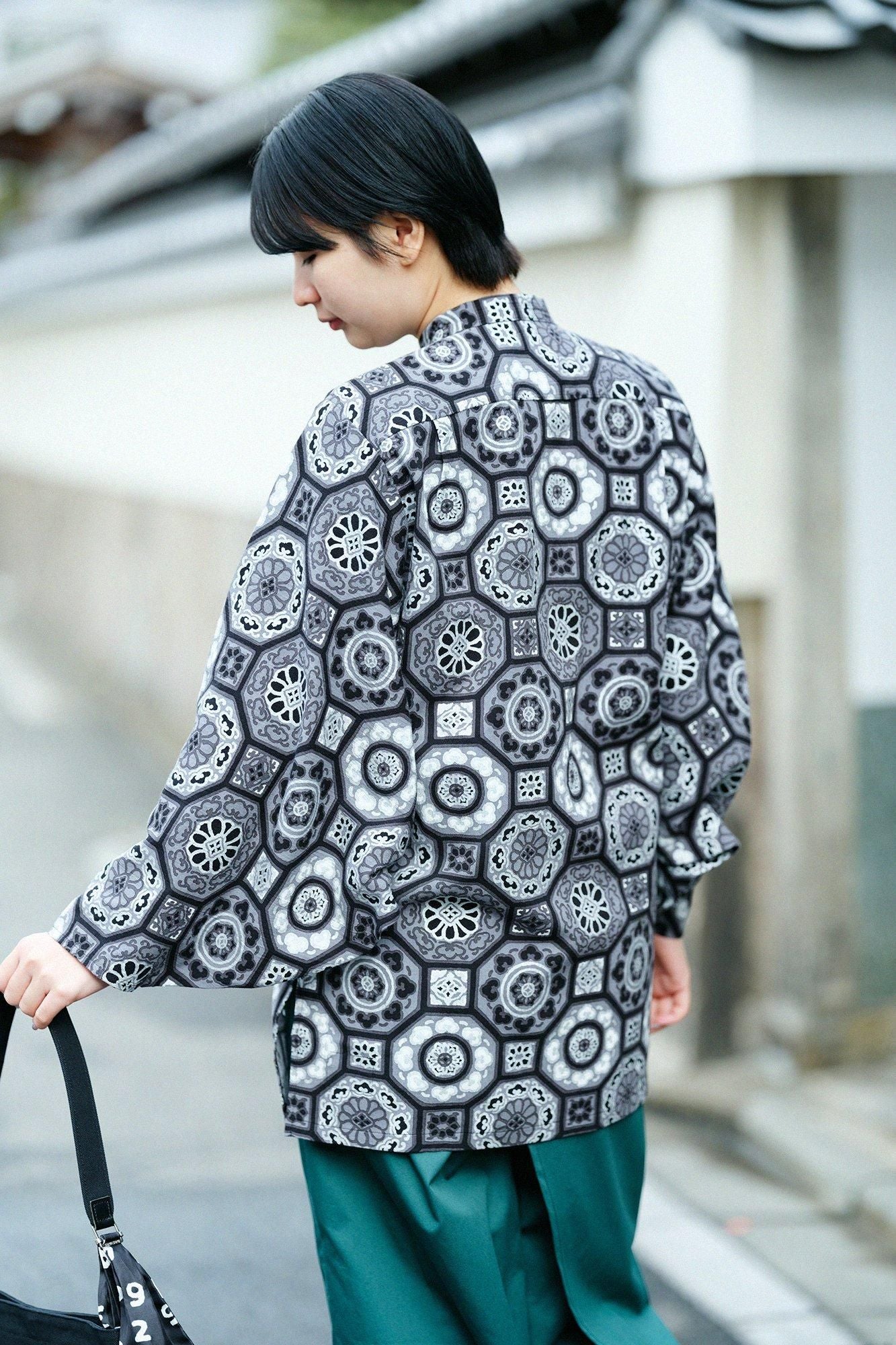 高島縮棉 20/20圓弧袖長版襯衫/華麗 黑色