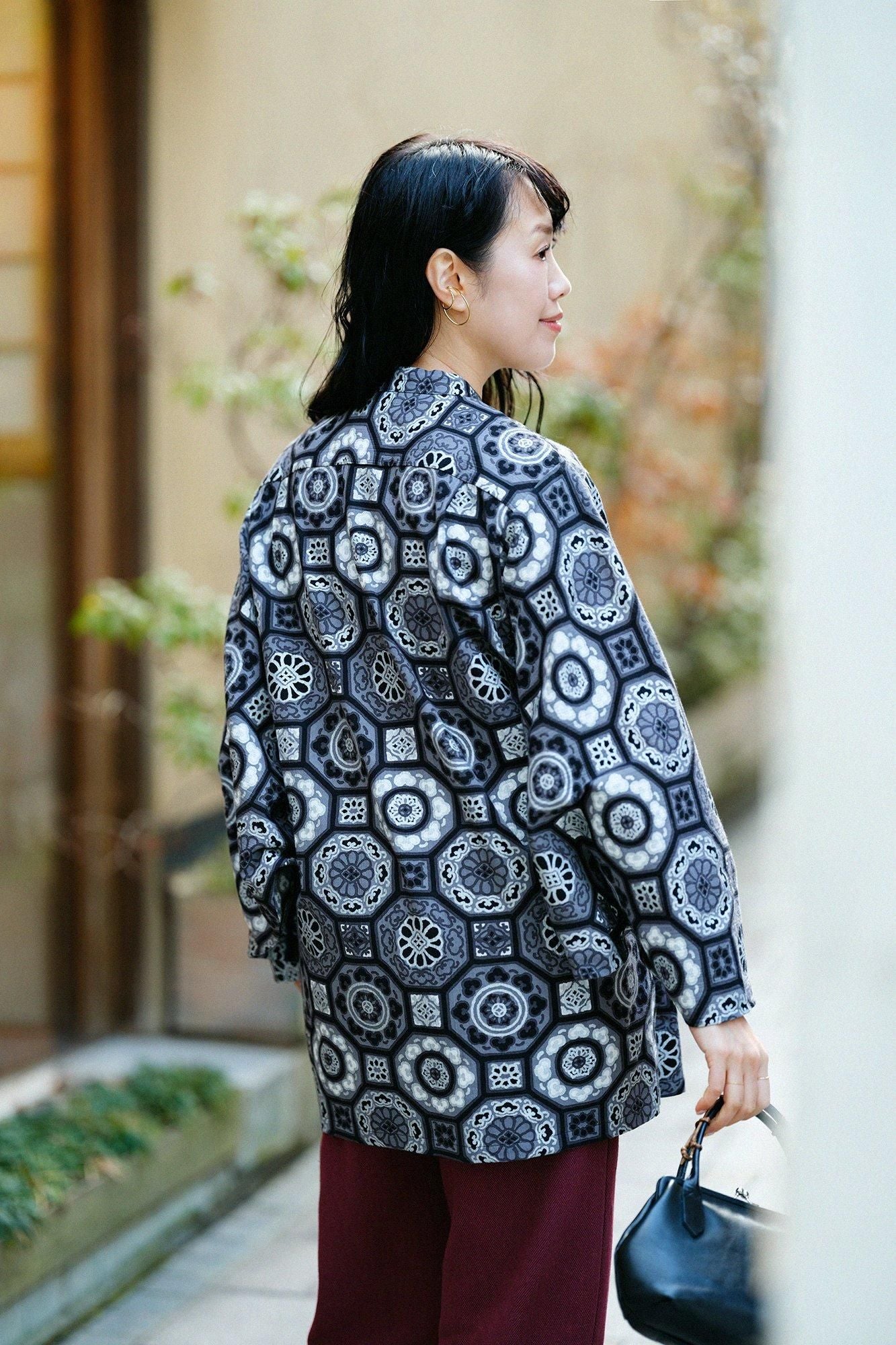 高島縮棉 20/20圓弧袖長版襯衫/華麗 黑色