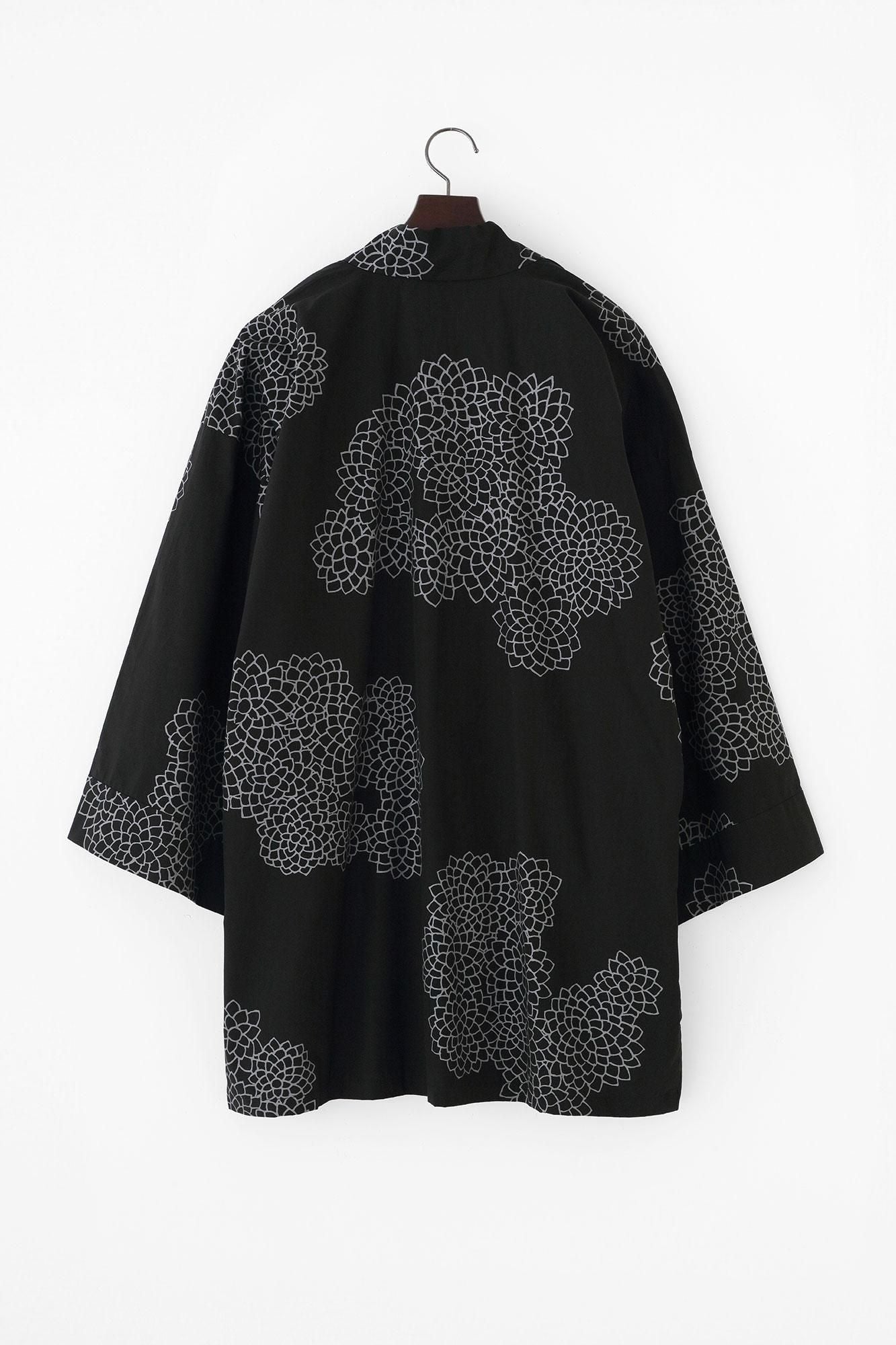 Typewriter Cloth Hanten Long-sleeved Jacket Short Single Layer / Chrysanthemum in Clouds Black