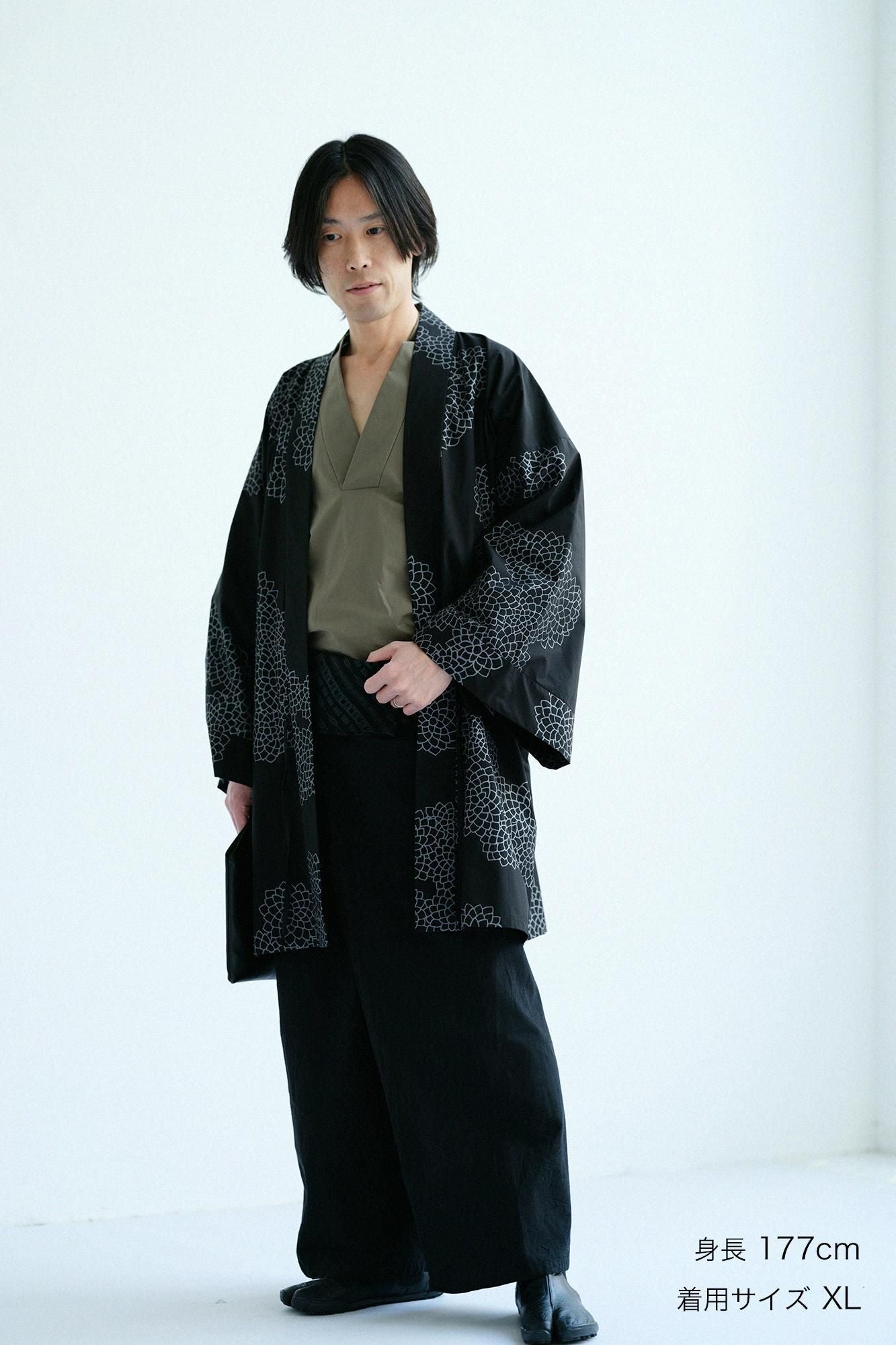 Typewriter Cloth Hanten Long-sleeved Jacket Short Single Layer / Chrysanthemum in Clouds Black
