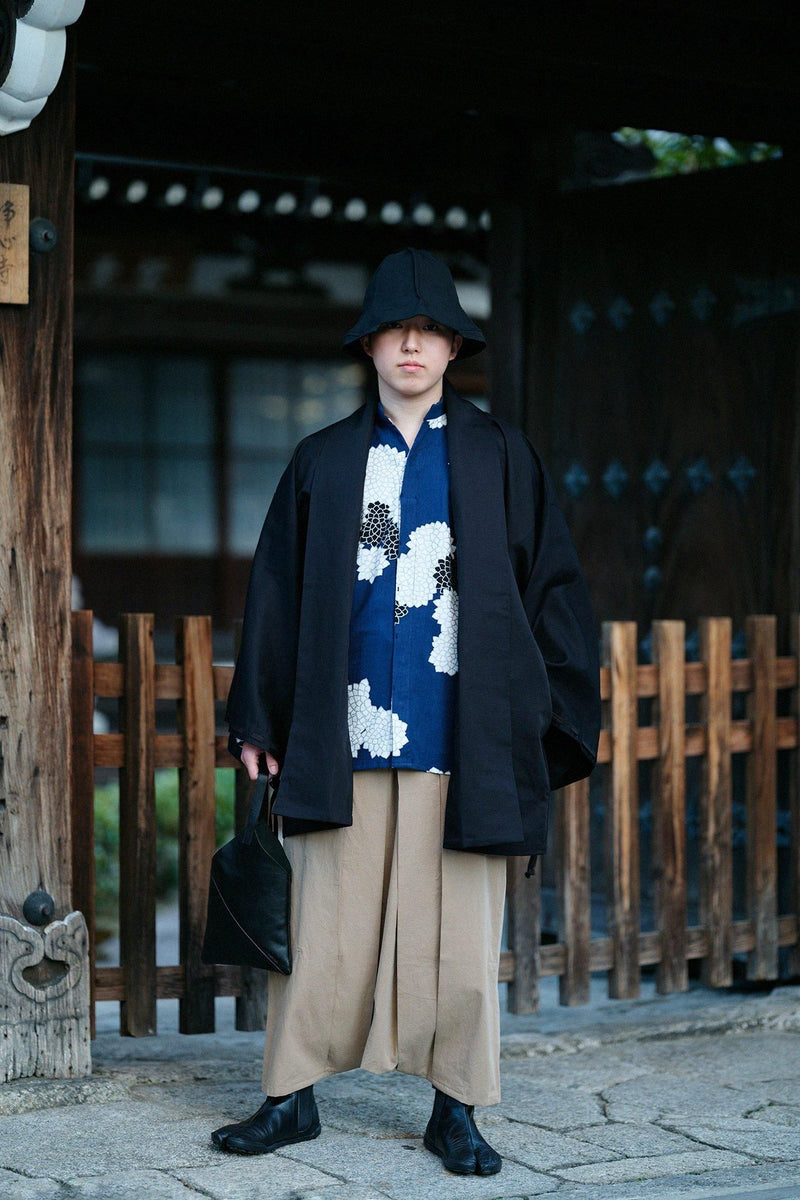 Chizimi Cotton Stand Collar Tight-sleeved Kimono Shirt