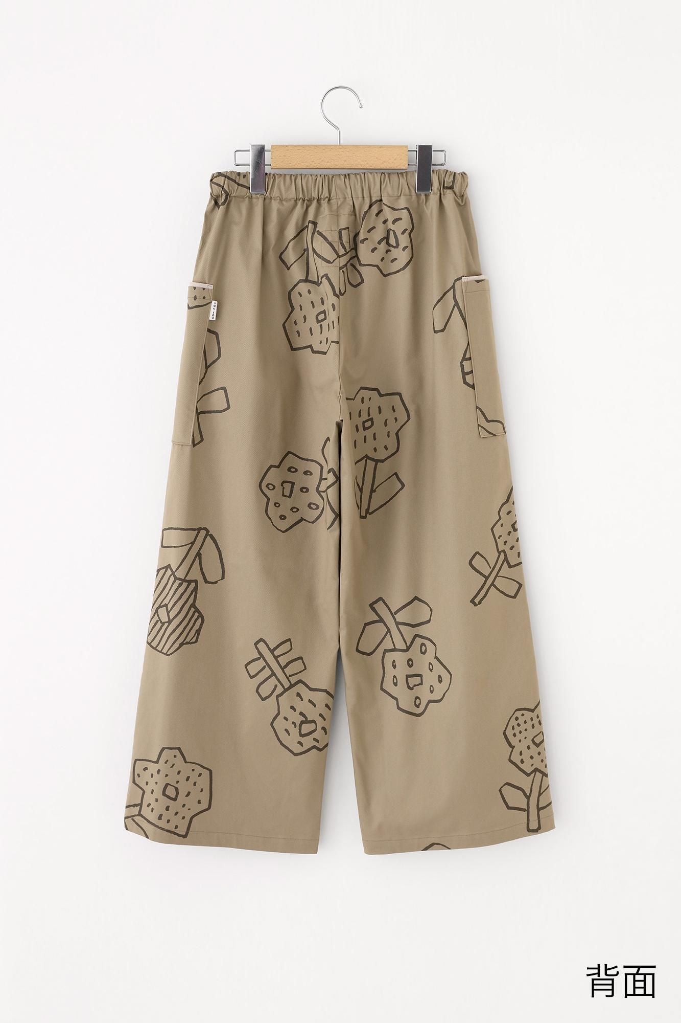 Shin Reverse Twill Square Pockets Monpe Pants / Flower Seedling Scattered Greyish Brown