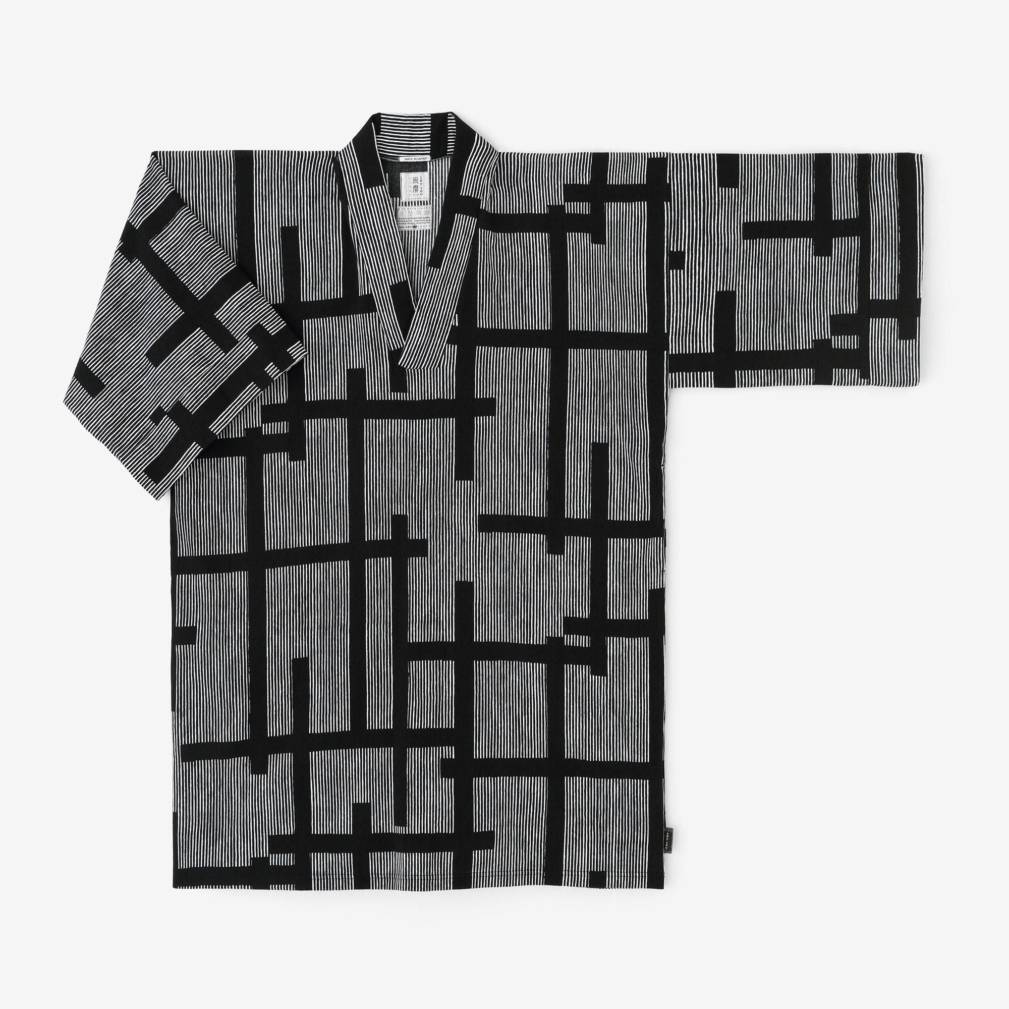 Chizimi Cotton 20/20 Long Fubi Kimono Shirt / Staggered Stripes and Fence