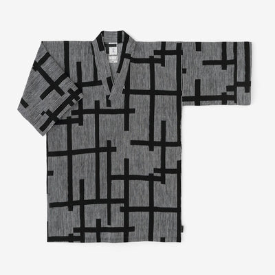 Chizimi Cotton 20/20 Long Fubi Kimono Shirt / Staggered Stripes and Fence