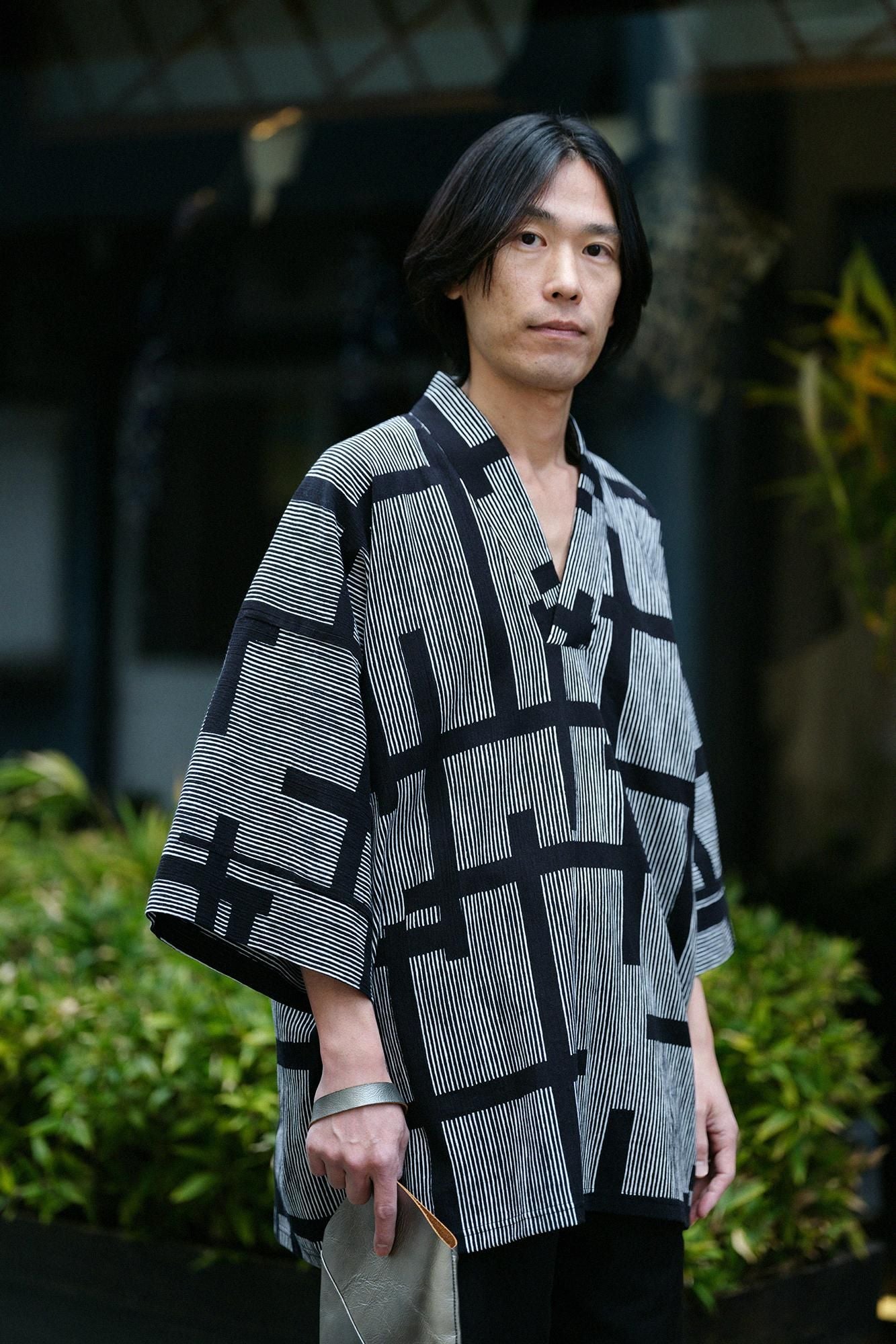 Chizimi Cotton 20/20 Long Fubi Kimono Shirt / Staggered Stripes and Fe