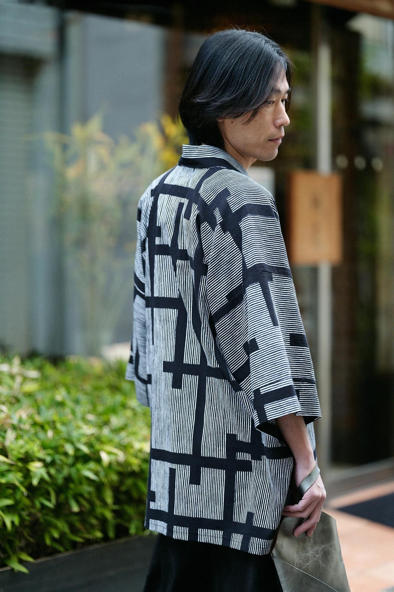 Chizimi Cotton 20/20 Long Fubi Kimono Shirt / Staggered Stripes and Fe