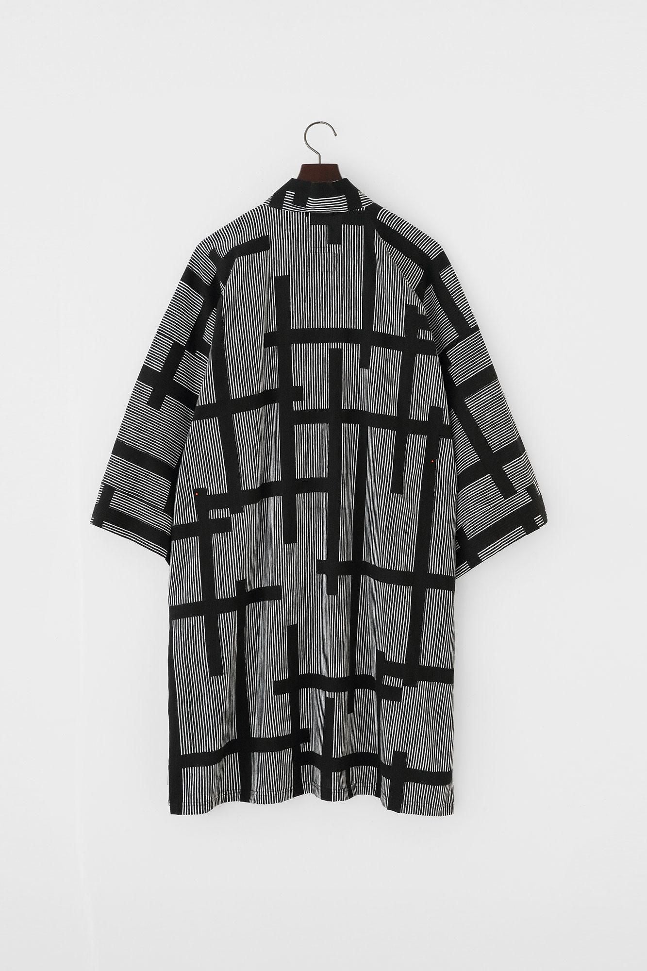 Chizimi Cotton 20/20 Long Fubi Kimono Shirt / Staggered Stripes and Fence