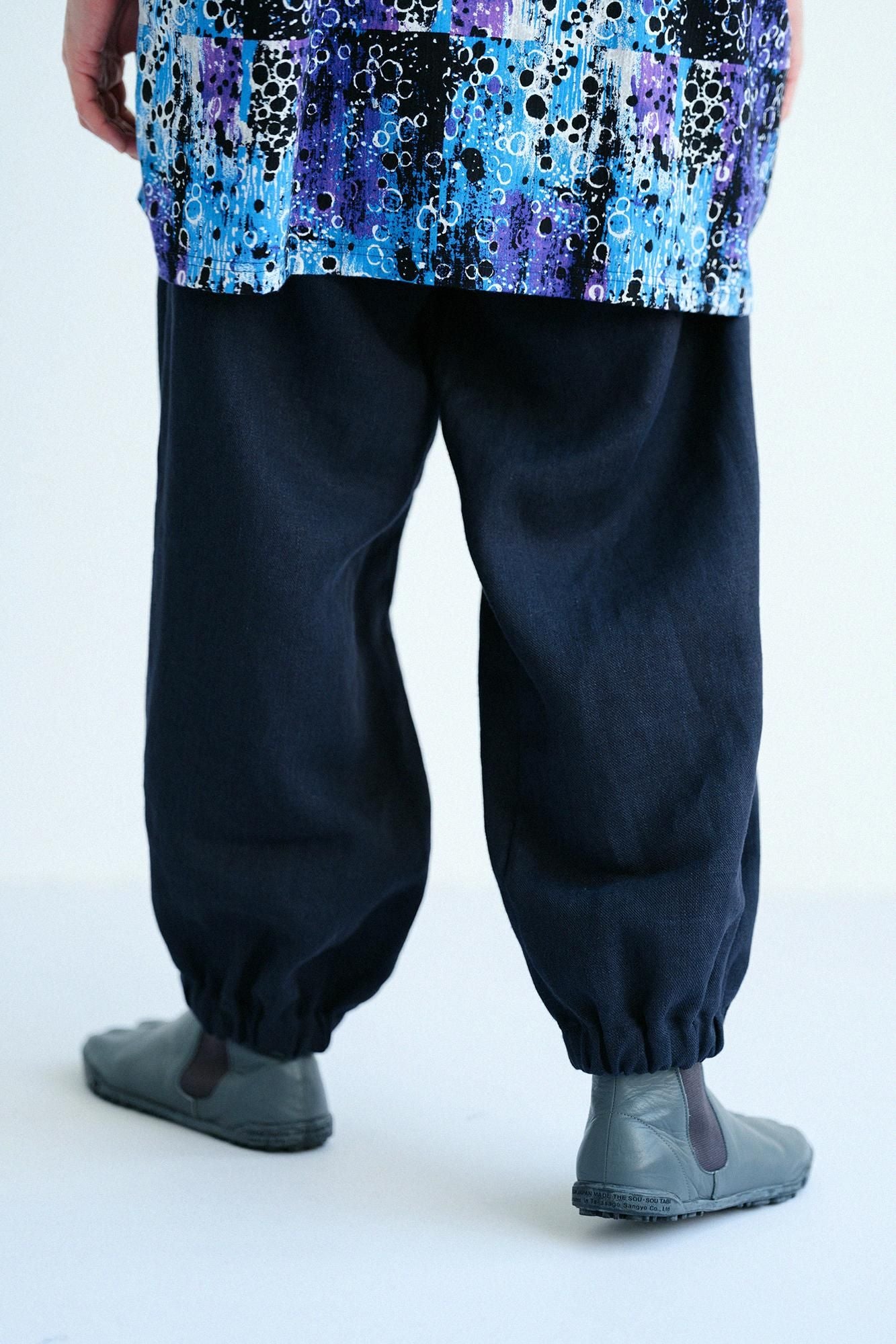 麻 斜紋織 作務衣下裝／暗藍色