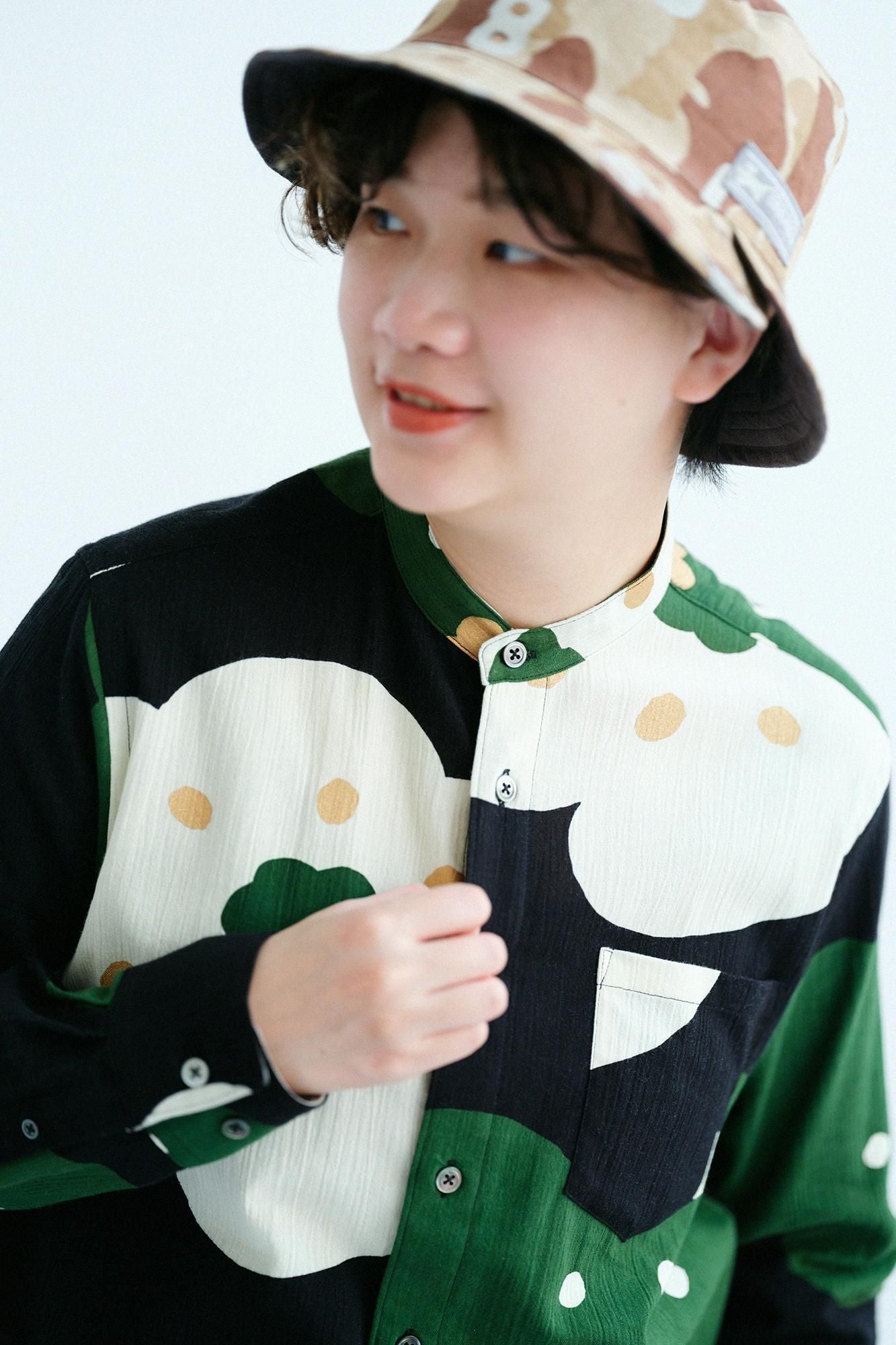 fさう様⑅/20 Chizimi Cotton 20/20 Stand Collar Long-sleeved Shirt／Smile Black