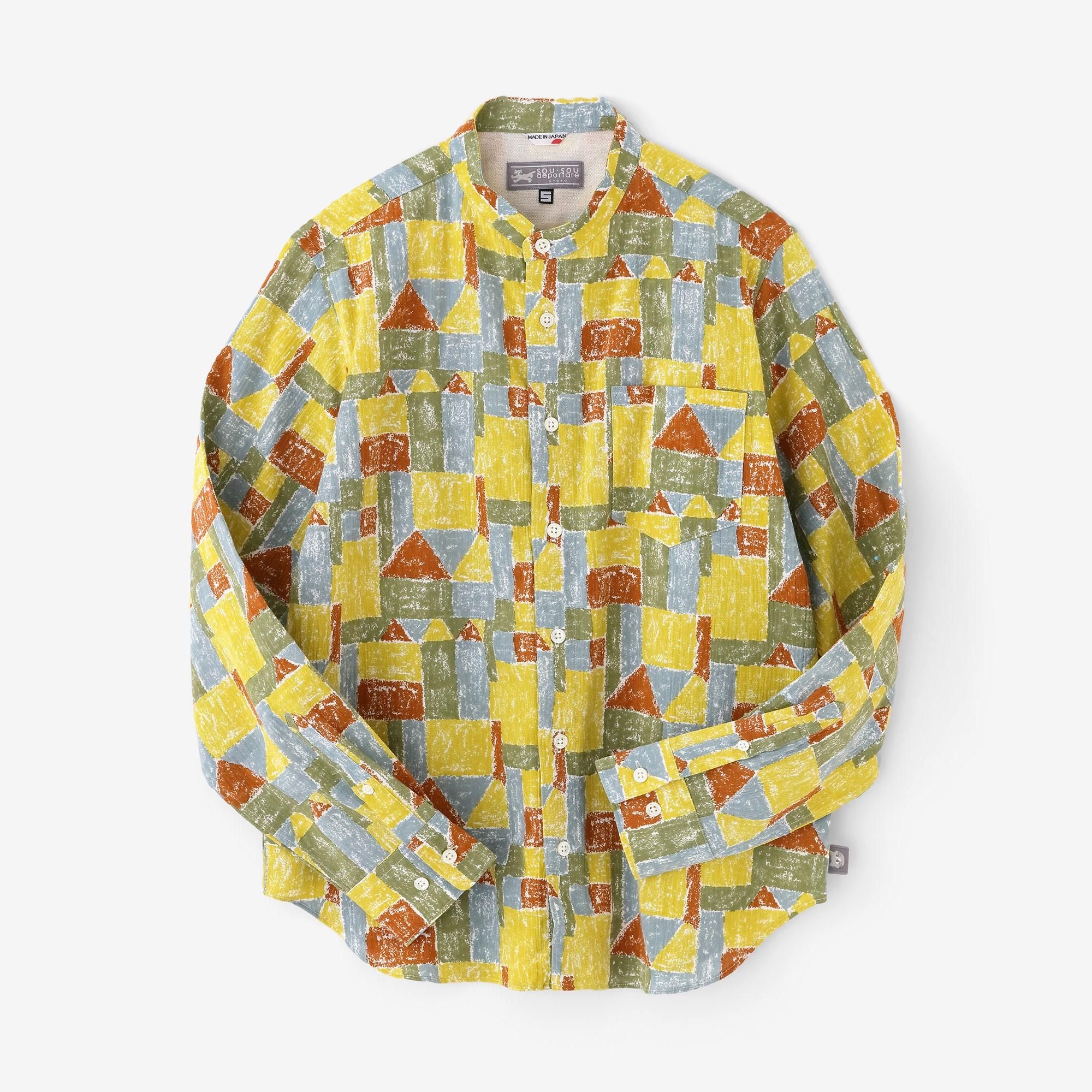 Chizimi Cotton 20/20 Stand Collar Long-sleeved Shirt／Building Blockshouse of