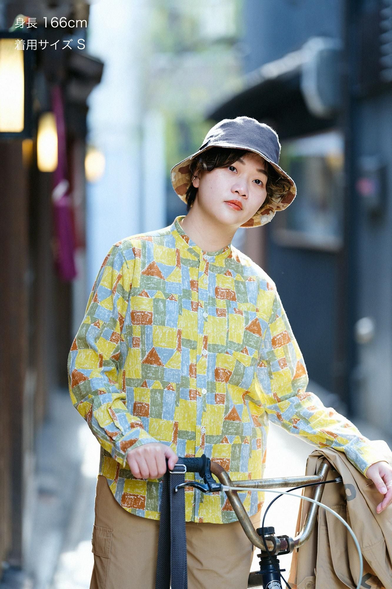 Chizimi Cotton 20/20 Stand Collar Long-sleeved Shirt／Building Blockshouse of