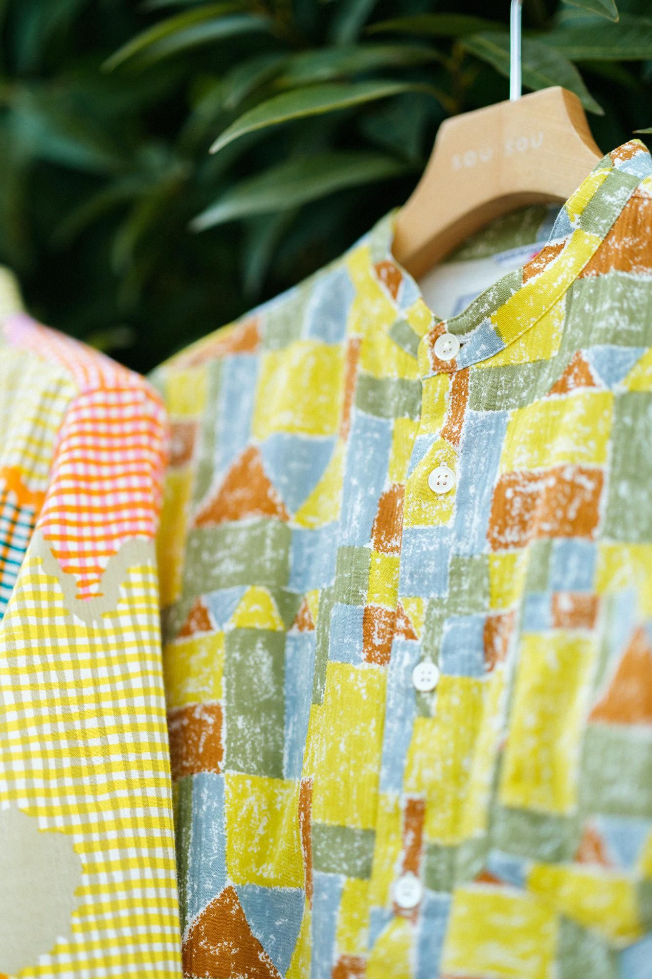 Chizimi Cotton 20/20 Stand Collar Long-sleeved Shirt／Building Blockshouse of