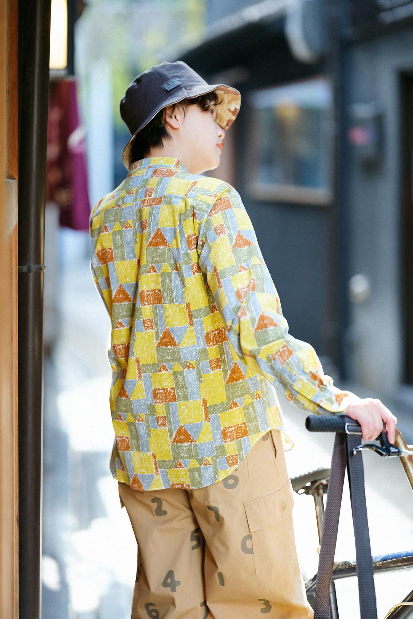 Chizimi Cotton 20/20 Stand Collar Long-sleeved Shirt／Building Blockshouse of