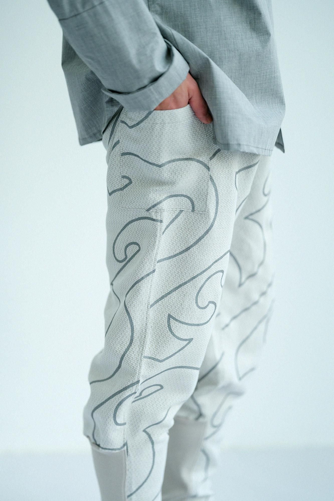 Linen-Rayon Blend Dobby Weave / Harem Pants Many Waves Light Grey