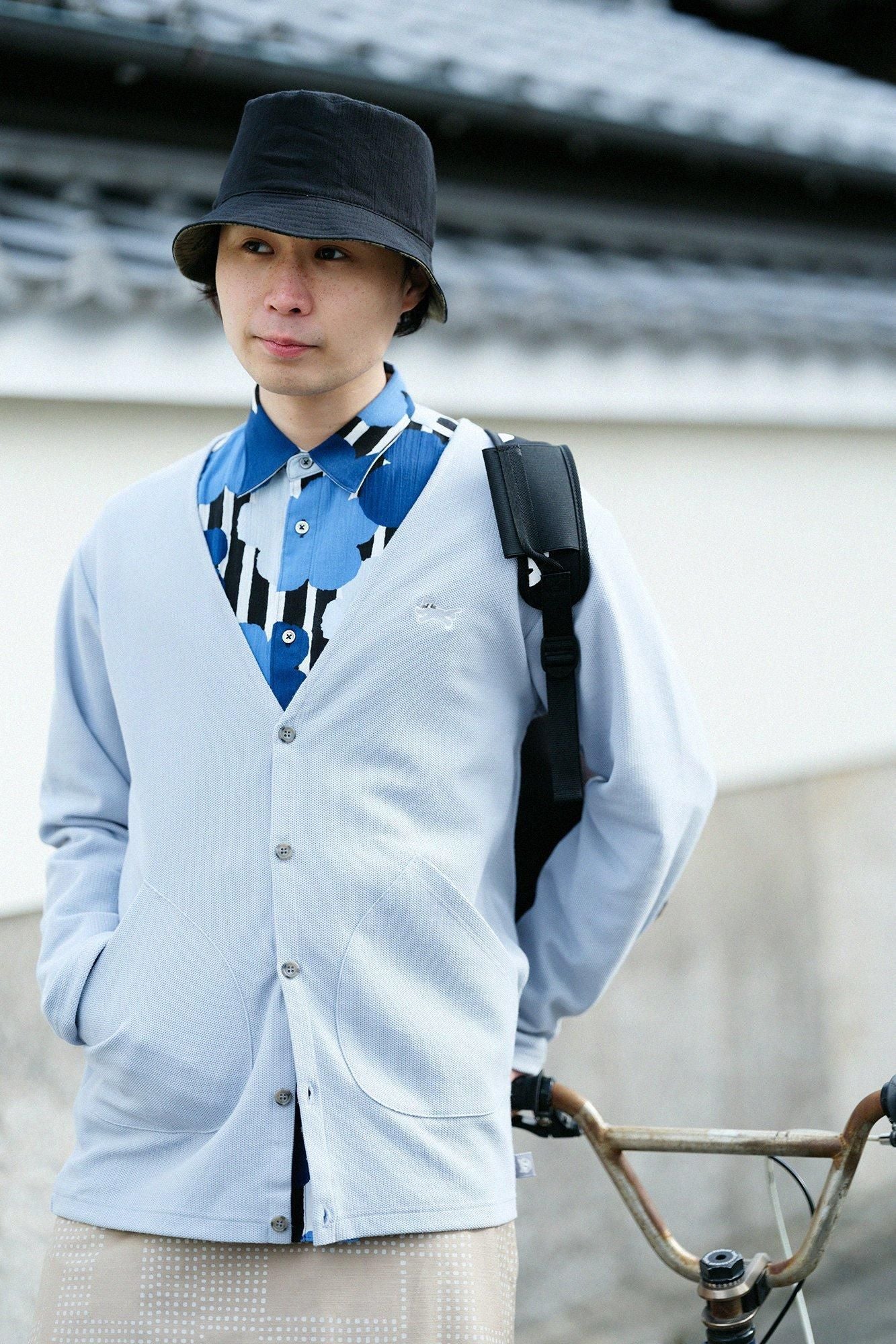 Kanocon针织V领L/S开衫/蓝色灰色