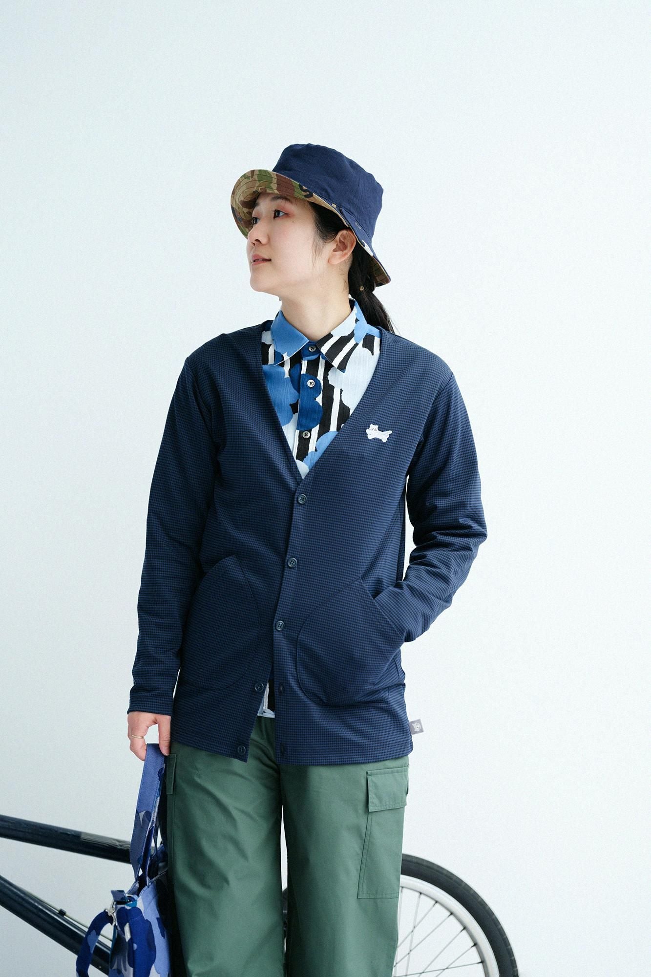 Houndstooth Check V-neck L/S Cardigan / Navy