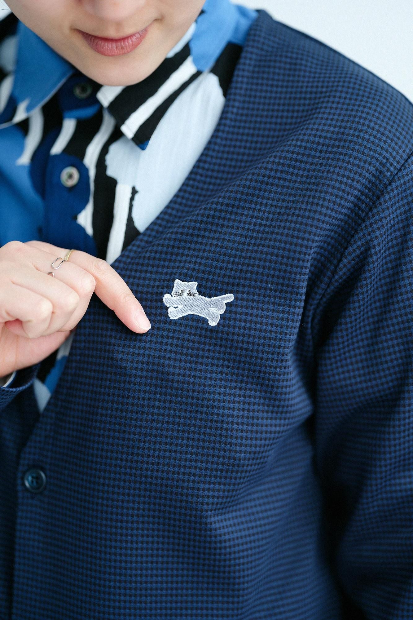 Houndstooth Check V-neck L/S Cardigan / Navy