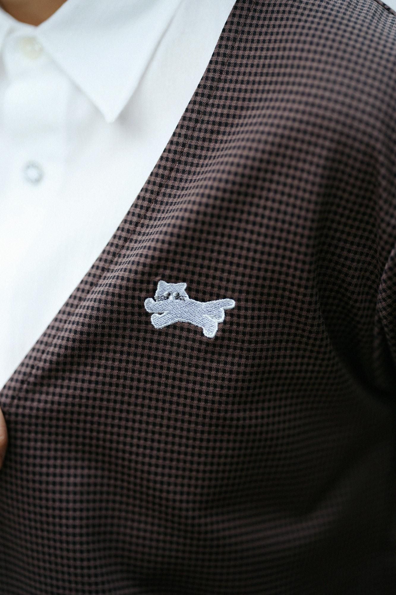 千鳥格紋織V領L/S外套／棕色