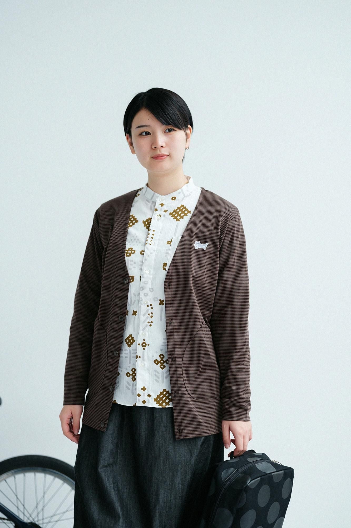 千鳥格紋織V領L/S外套／棕色