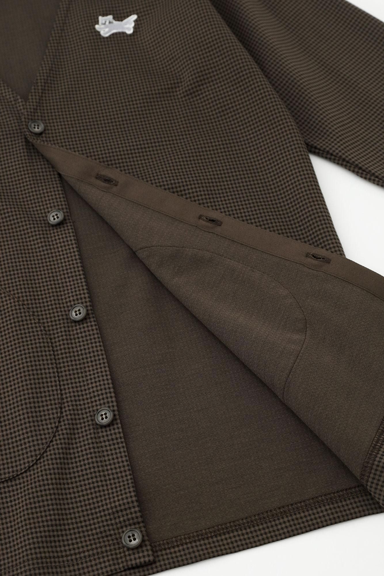 千鳥格紋織V領L/S外套／棕色