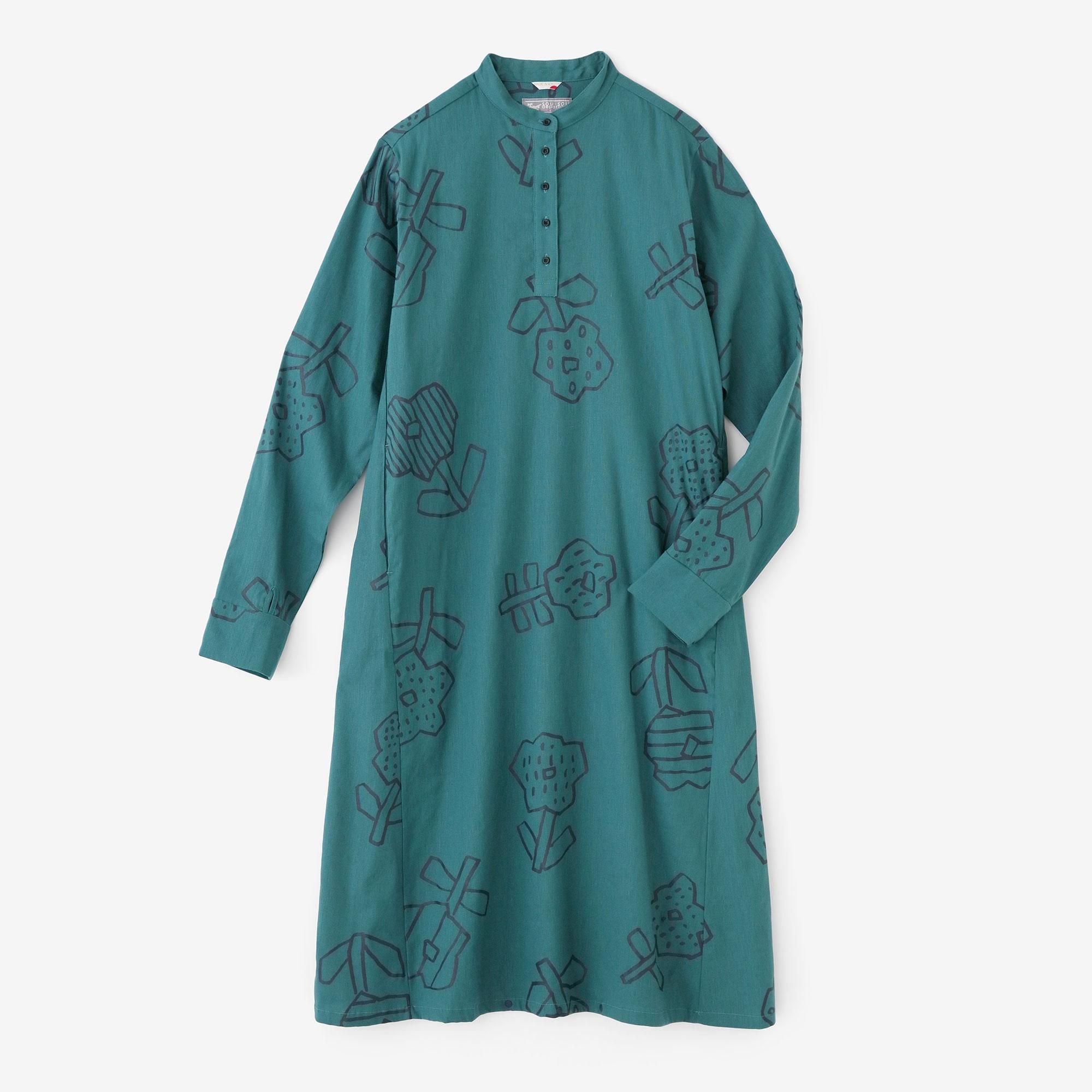 Linen-Rayon Blend BIKE One-piece Dress／Flower Seedling Scattered Teal Color