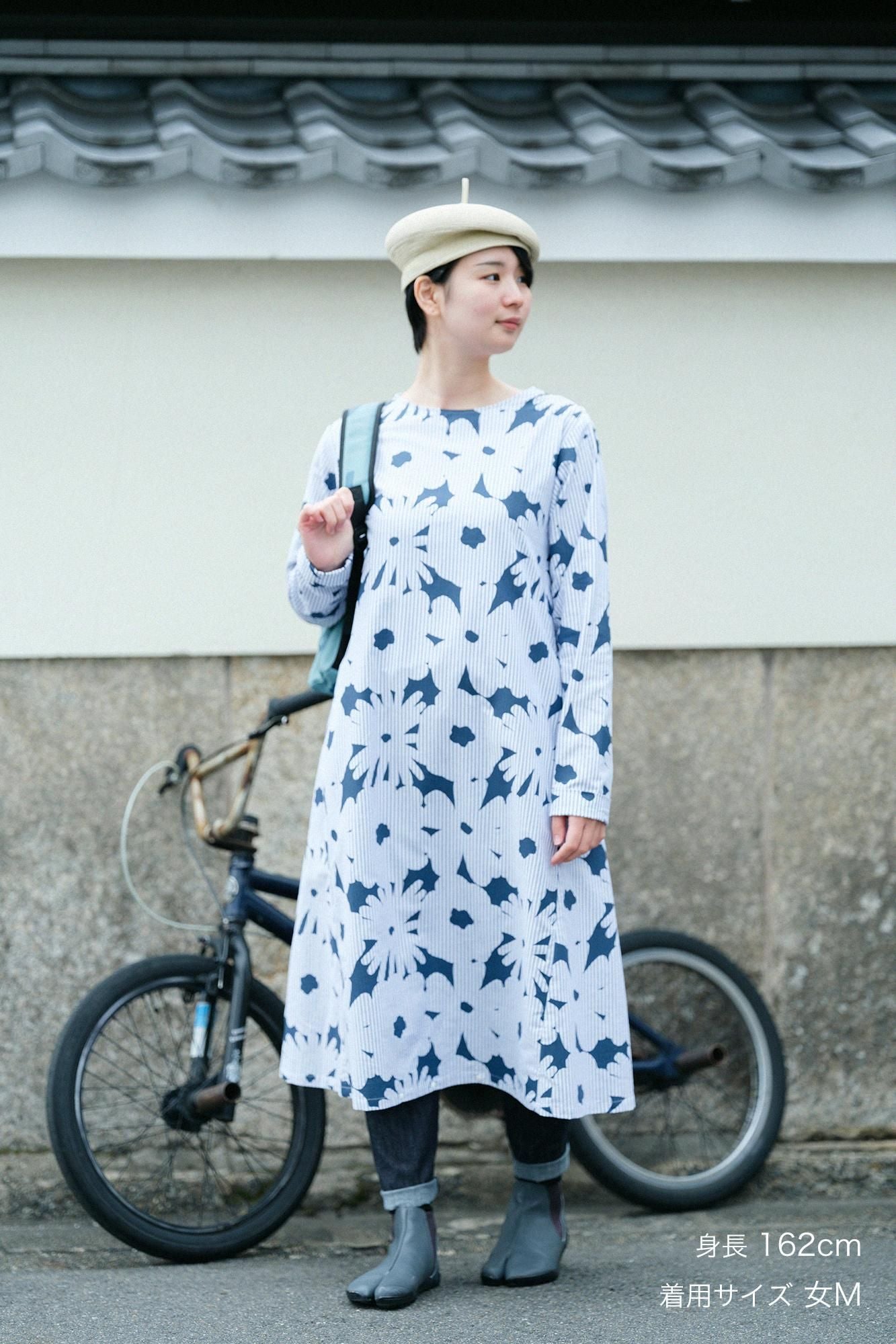 Cotton Japanese Paper BIKE One-piece Dress／Oraka Light Blue Striped(MizuiroNeEncyclopedia)
