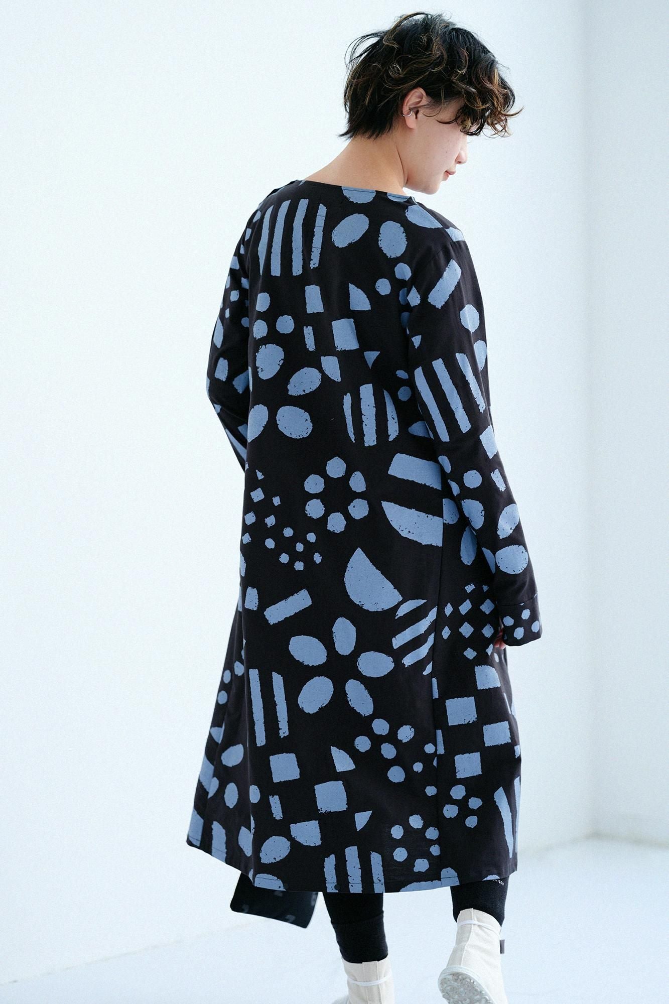 Cotton Japanese Paper Blend BIKE One-piece Dress / Spring Buds Sunny Black