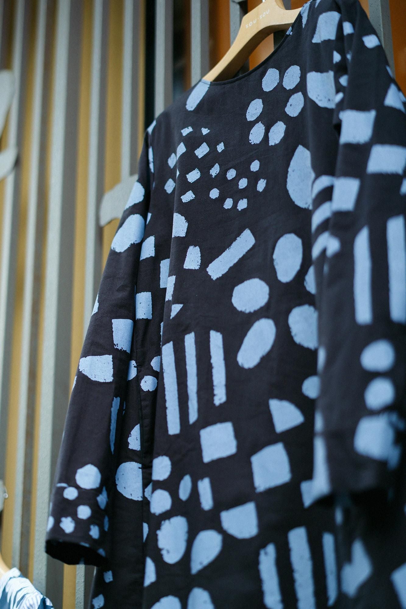 Cotton Japanese Paper Blend BIKE One-piece Dress / Spring Buds Sunny Black