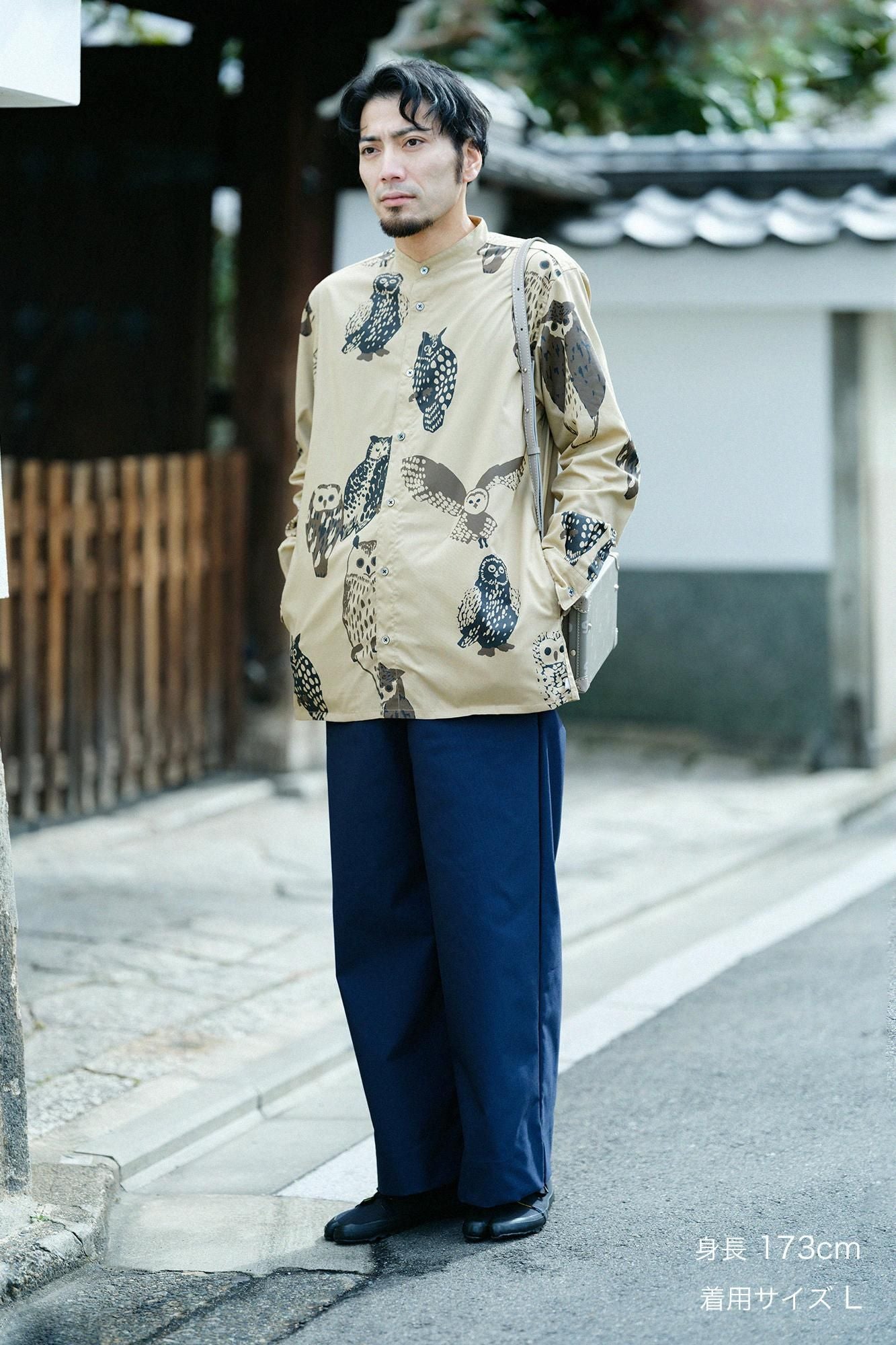 彈性牛津布闊腿褲／藍黑色