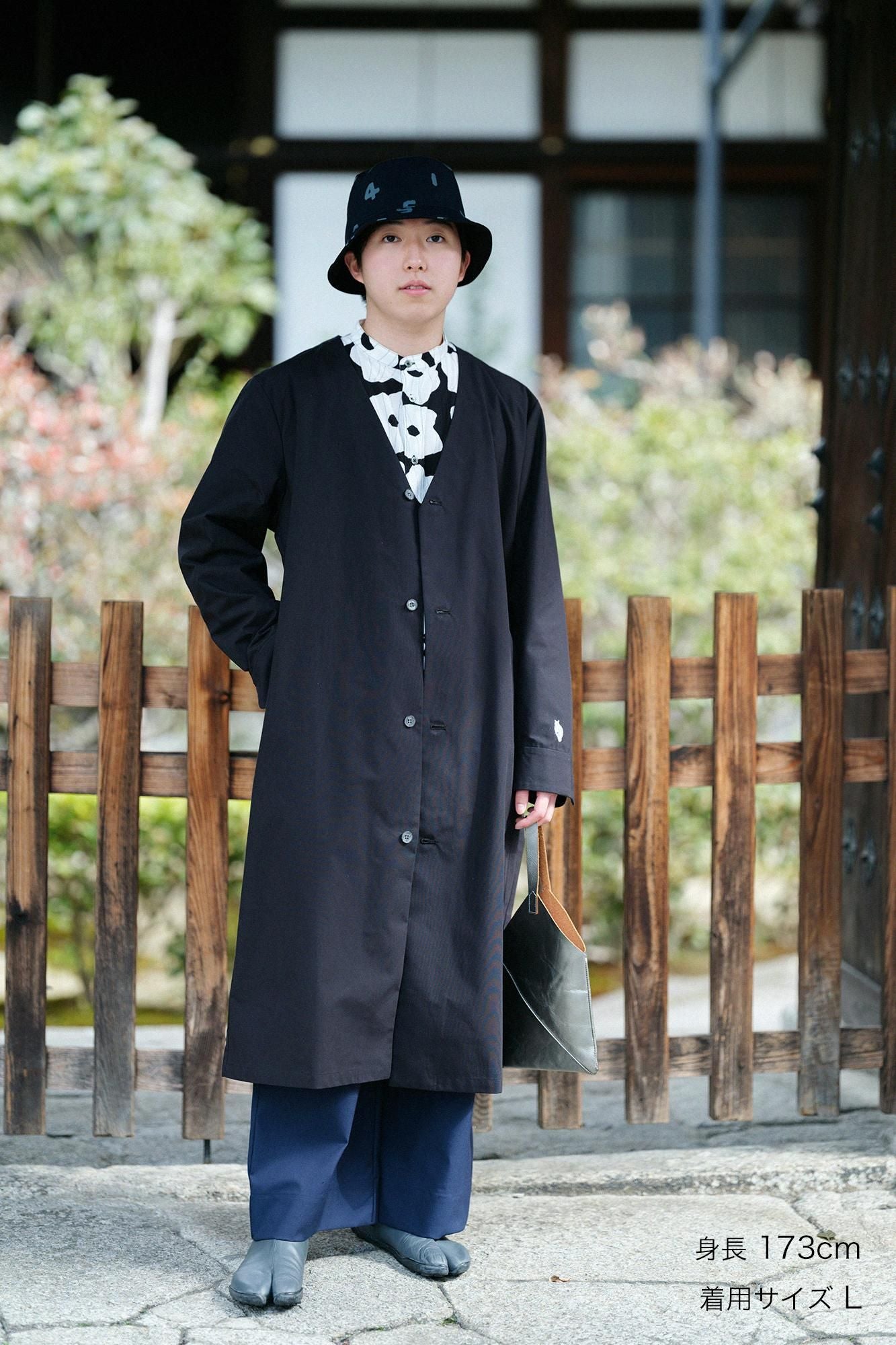 彈性牛津布闊腿褲／藍黑色