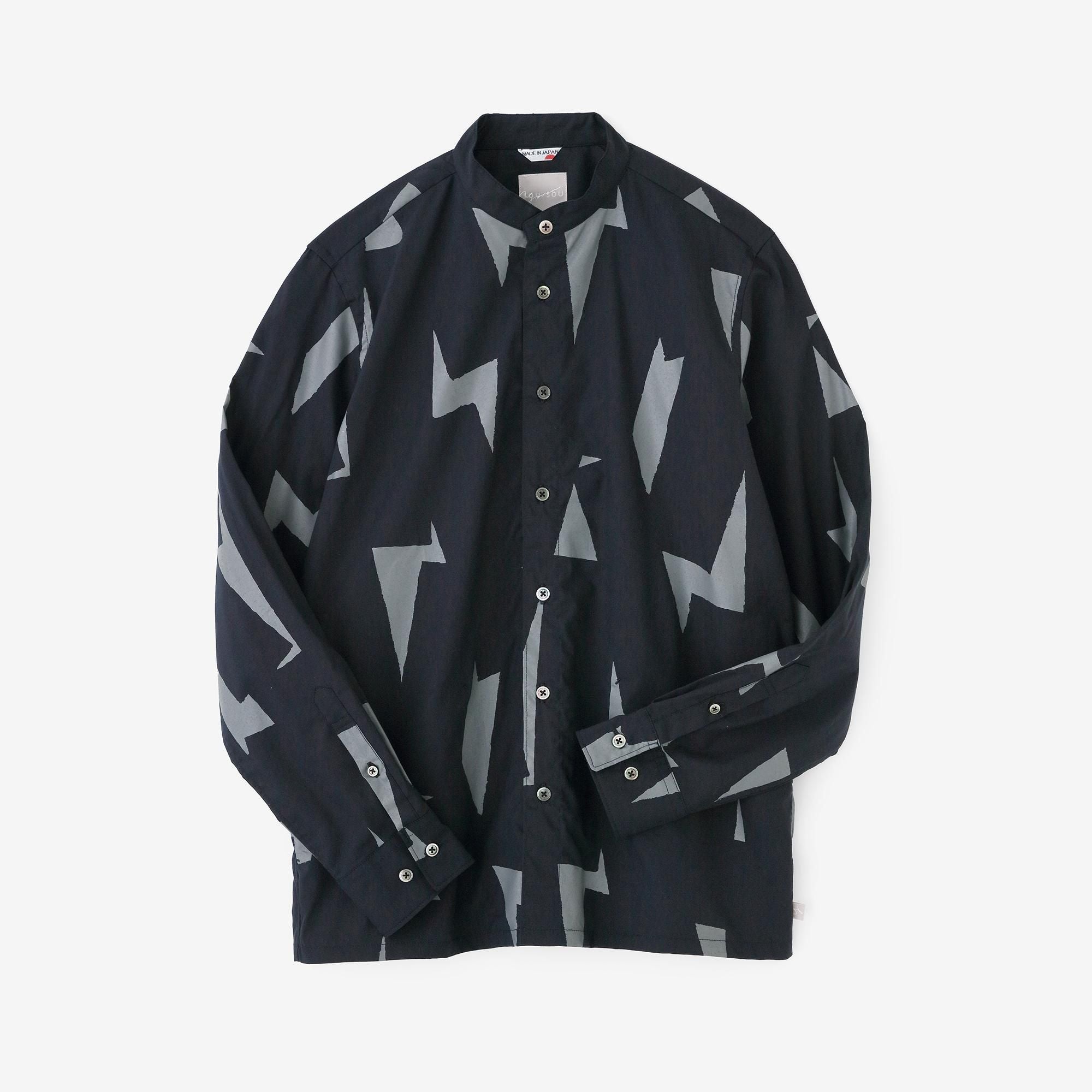 棉天絲 立領長袖襯衫SP／閃電形 藍黑色