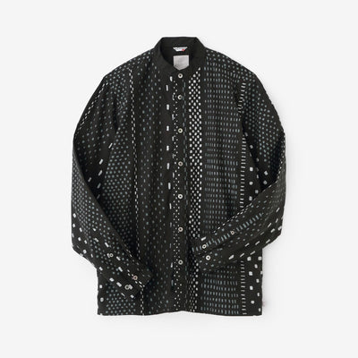 棉天絲 立領長袖襯衫SP／冰雹條紋 黑色