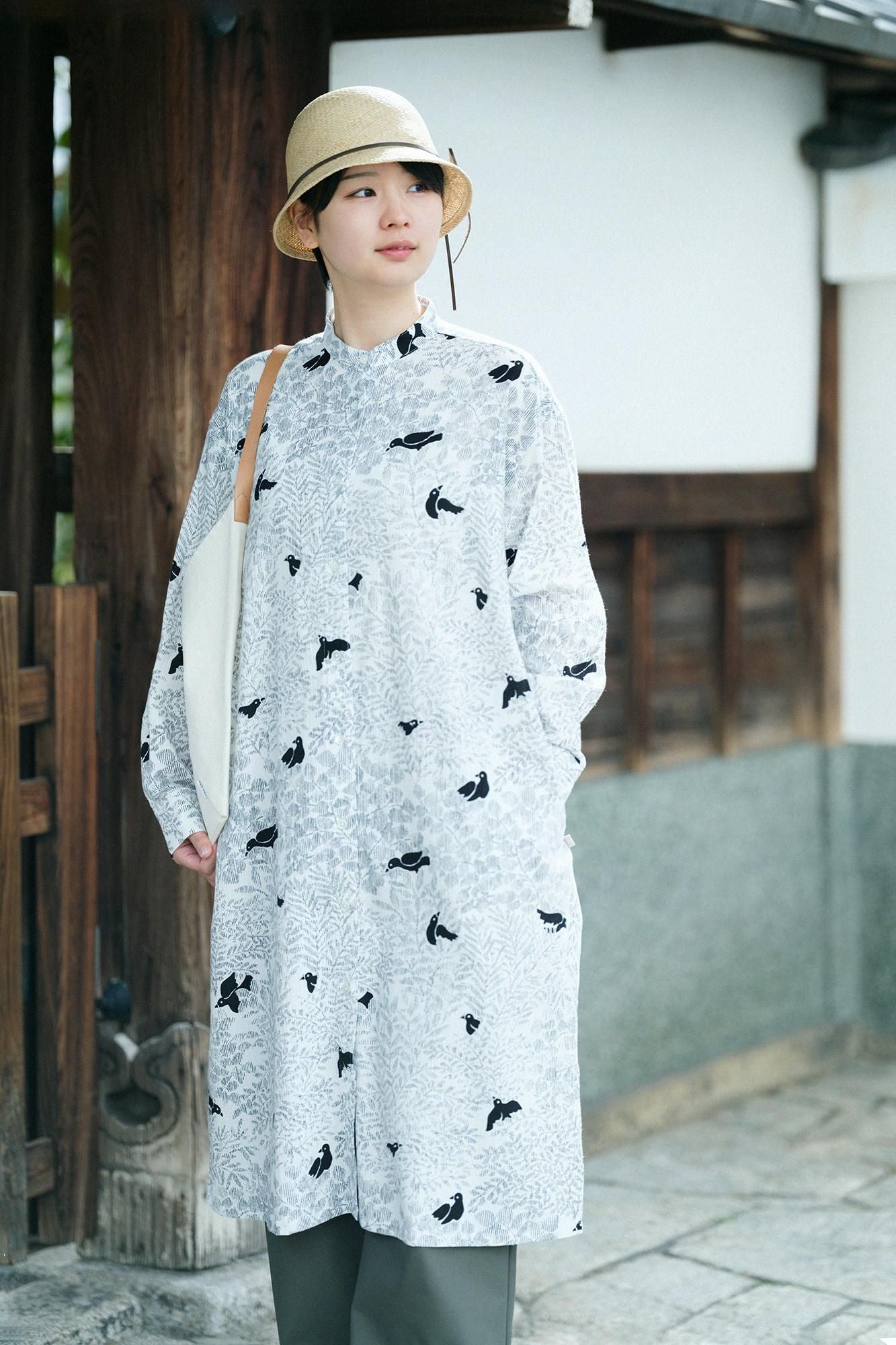 【美品】SOUSOU 高島縮 シャツワンピース レディース 高島縮 20/20 グランシャツワンピース／さえずり