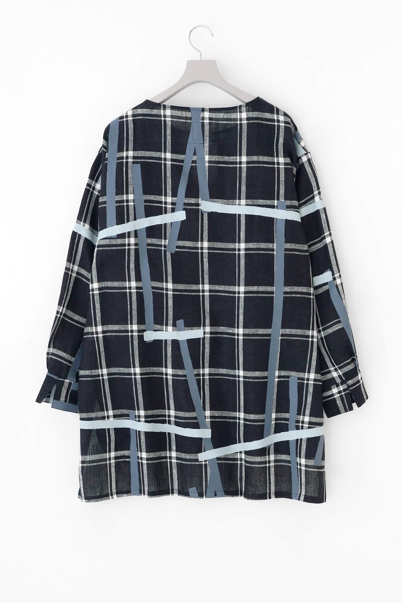 亞麻格子休閒長版上衣／鳶和留白