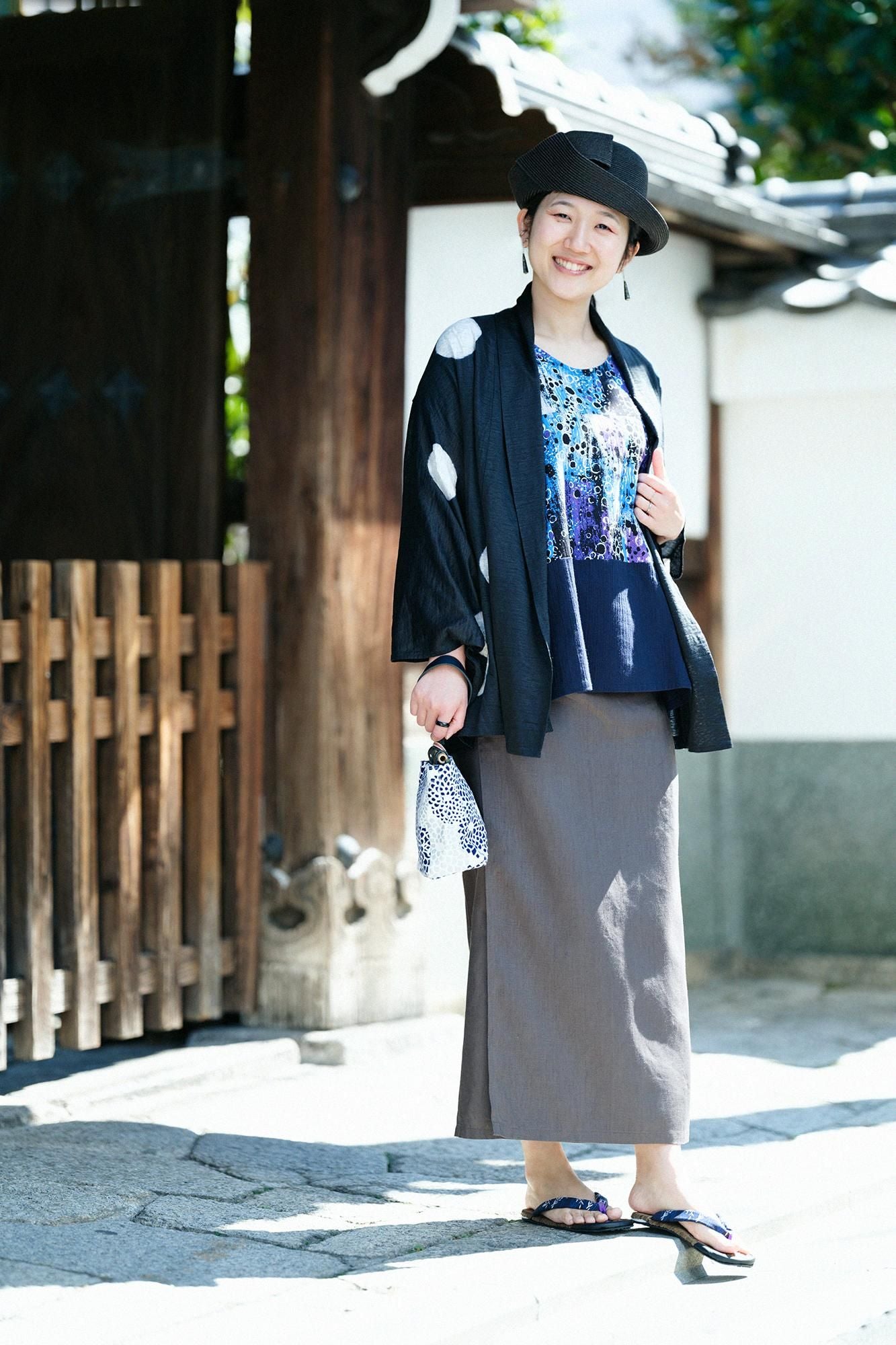 高島縮棉 20/20 方形上衣 雙色 肩紋樣／天目×藍黑色