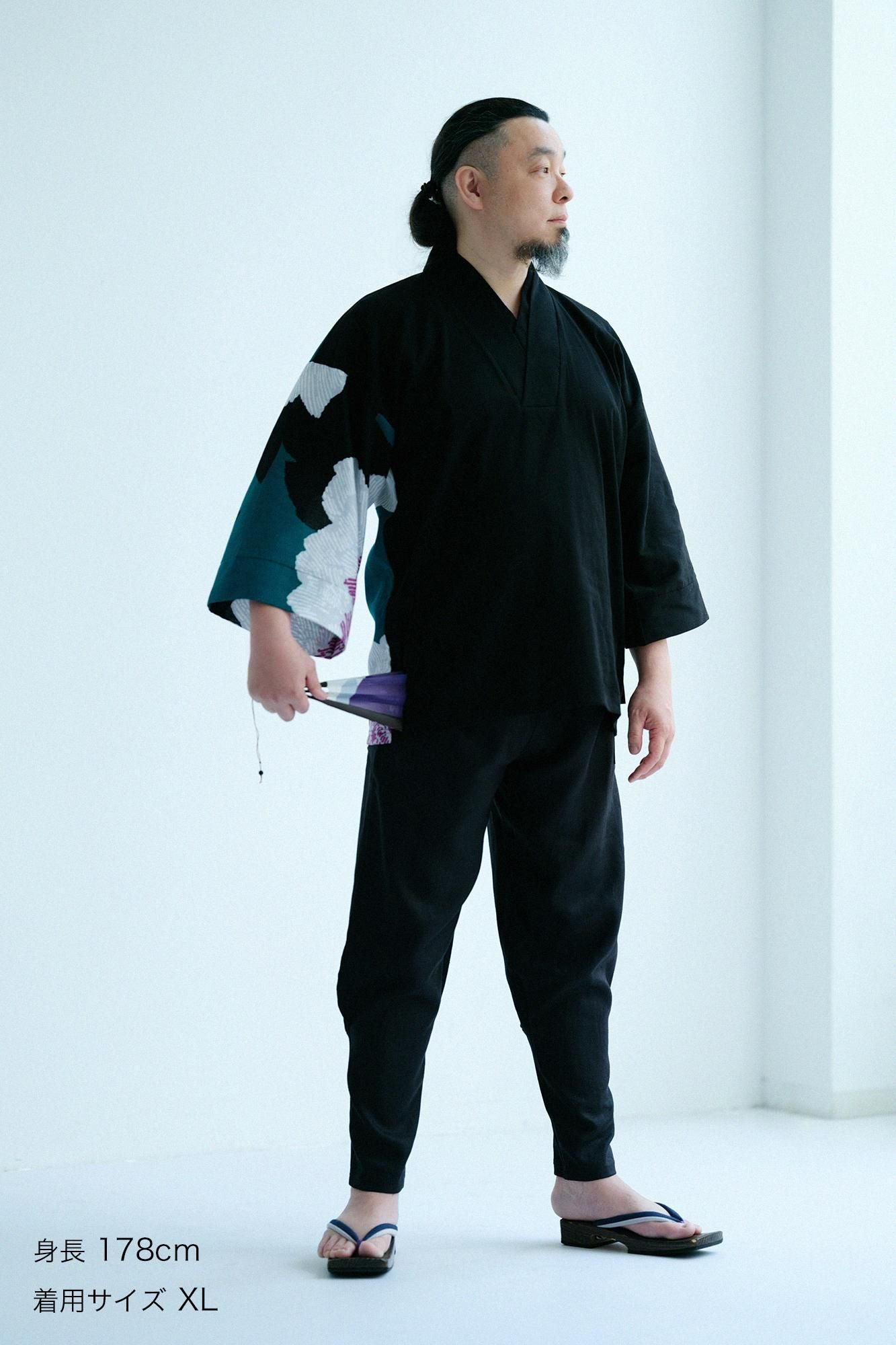 【net限定】高島縮 40/40 半衿風靡（はんえりふうび） 片身替わり（かたみがわり）／濡羽色（ぬればいろ）×芍薬（しゃくやく） 月夕（げっせき）