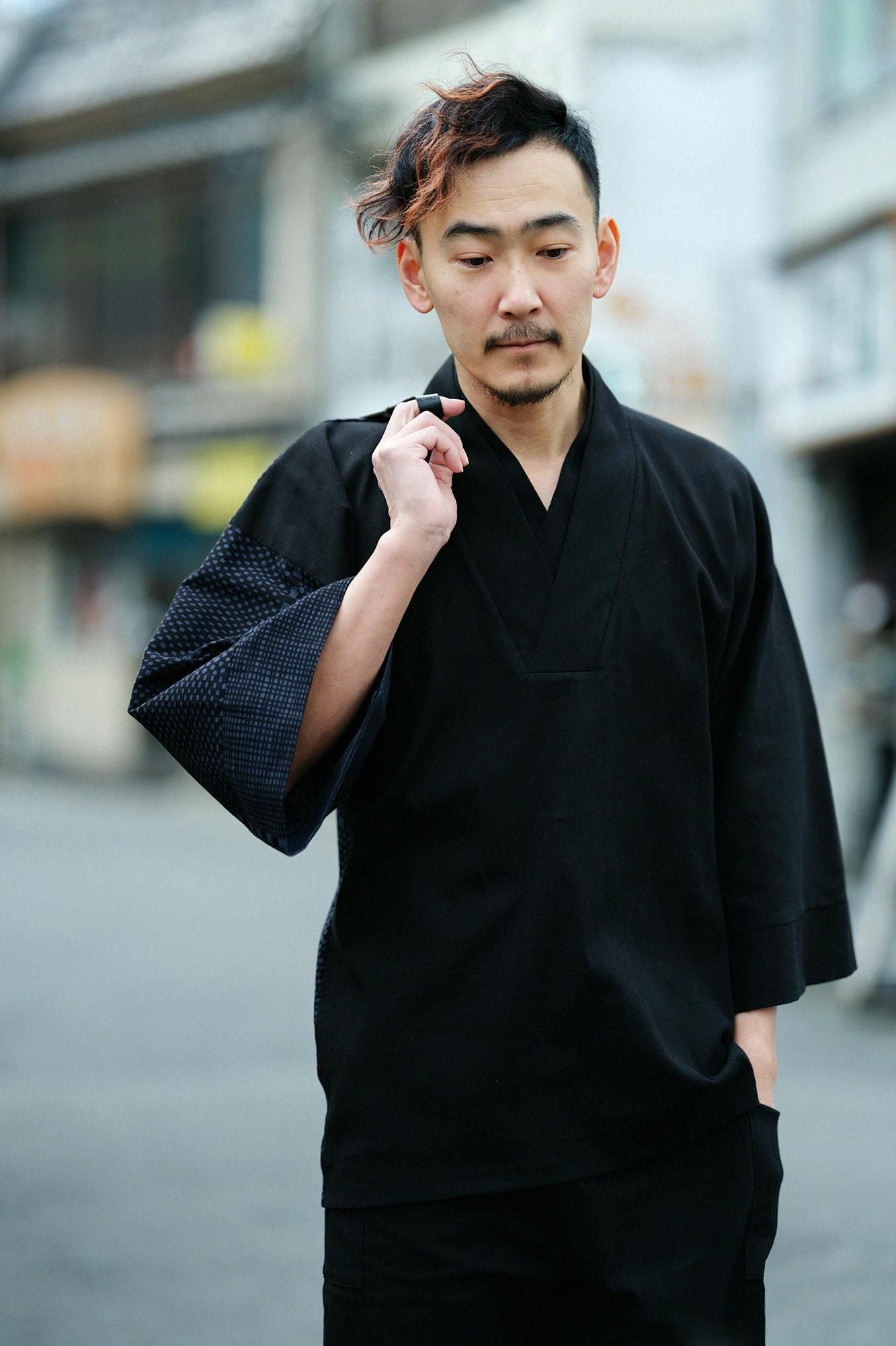 高島縮棉 40/40半衿風靡雙色／黑色×點線