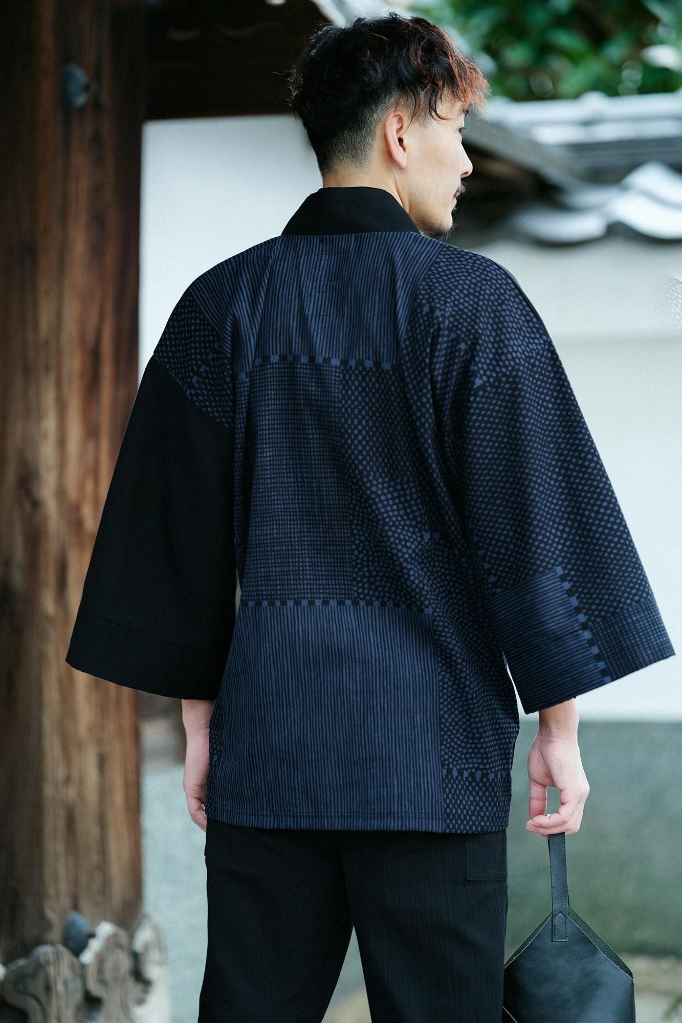 高島縮棉 40/40半衿風靡雙色／黑色×點線