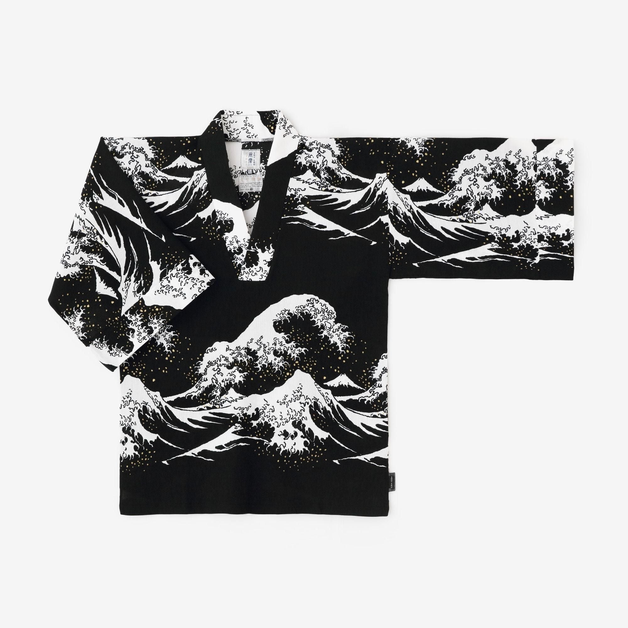 Chizimi Cotton 40/40 Fubi Kimono Shirt Hokusai The Great Wave off Kanagawa-Recreation