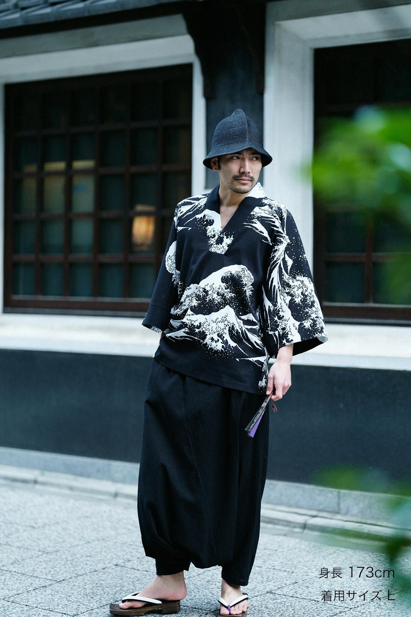 Chizimi Cotton 40/40 Fubi Kimono Shirt Hokusai The Great Wave off Kanagawa-Recreation