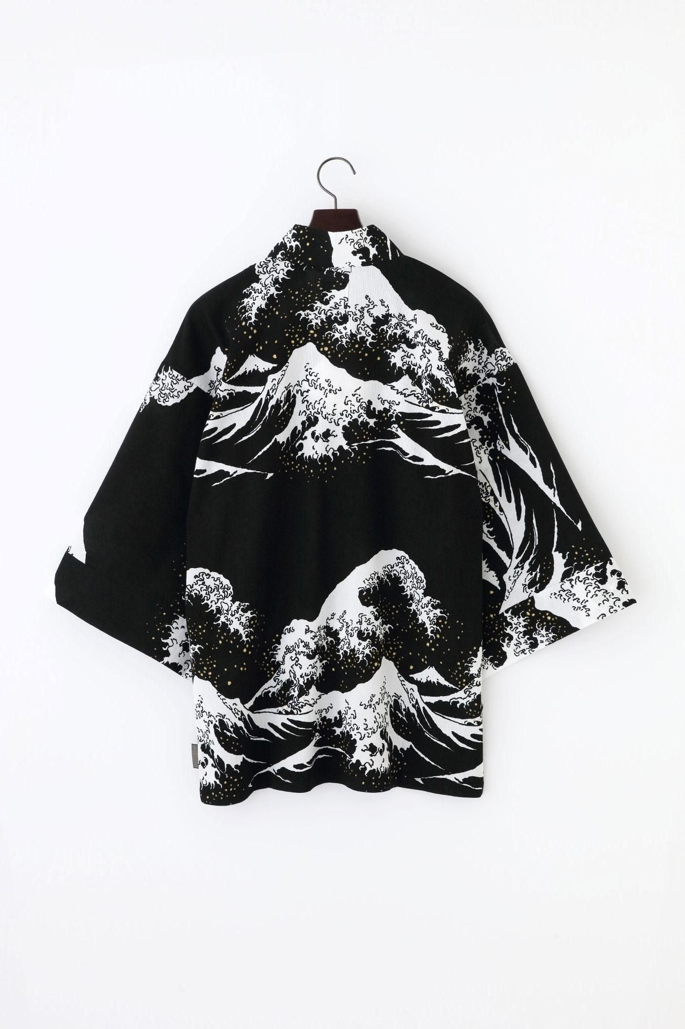Chizimi Cotton 40/40 Fubi Kimono Shirt Hokusai The Great Wave off Kanagawa-Recreation
